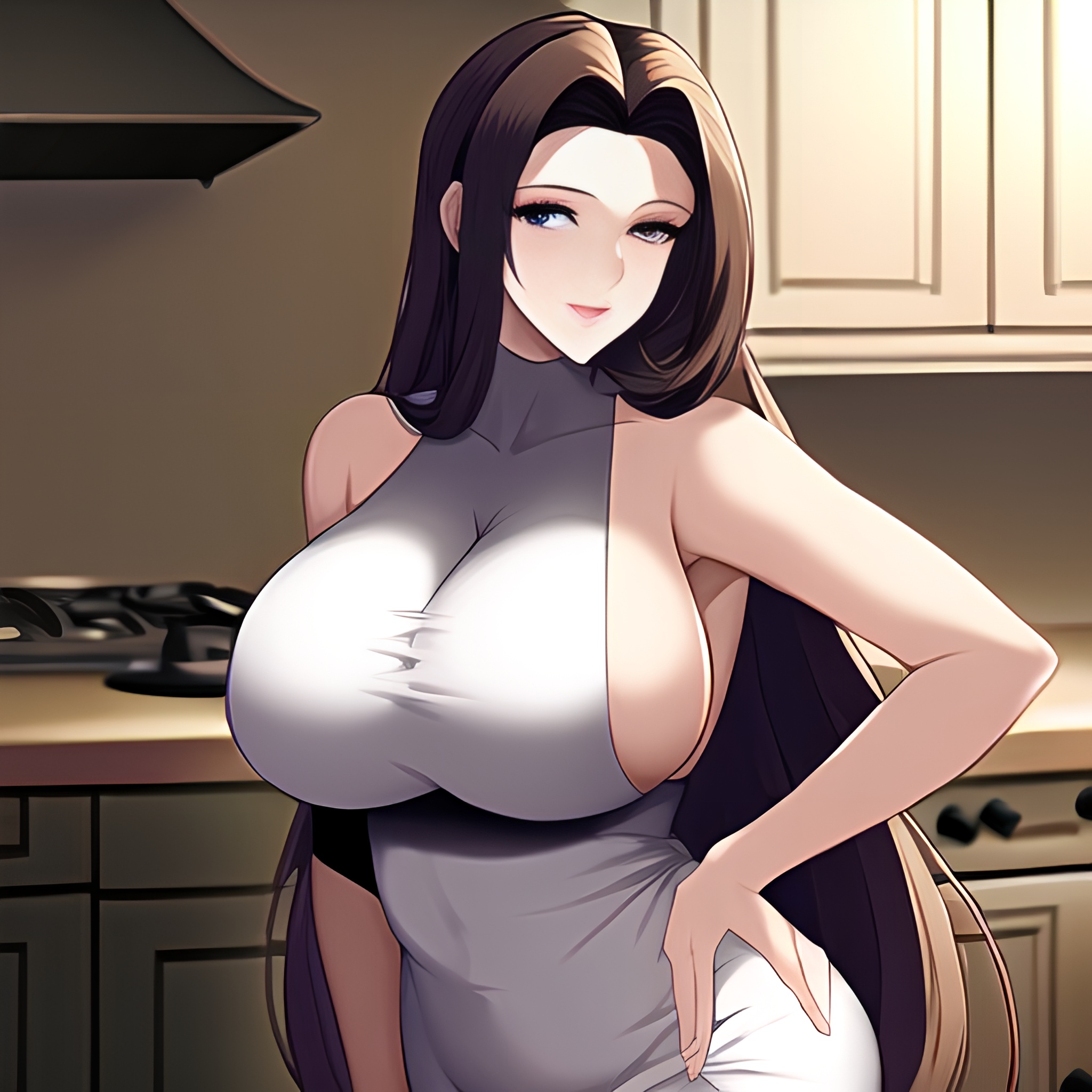 nude kitchen woman front view long hair perfect boobs 