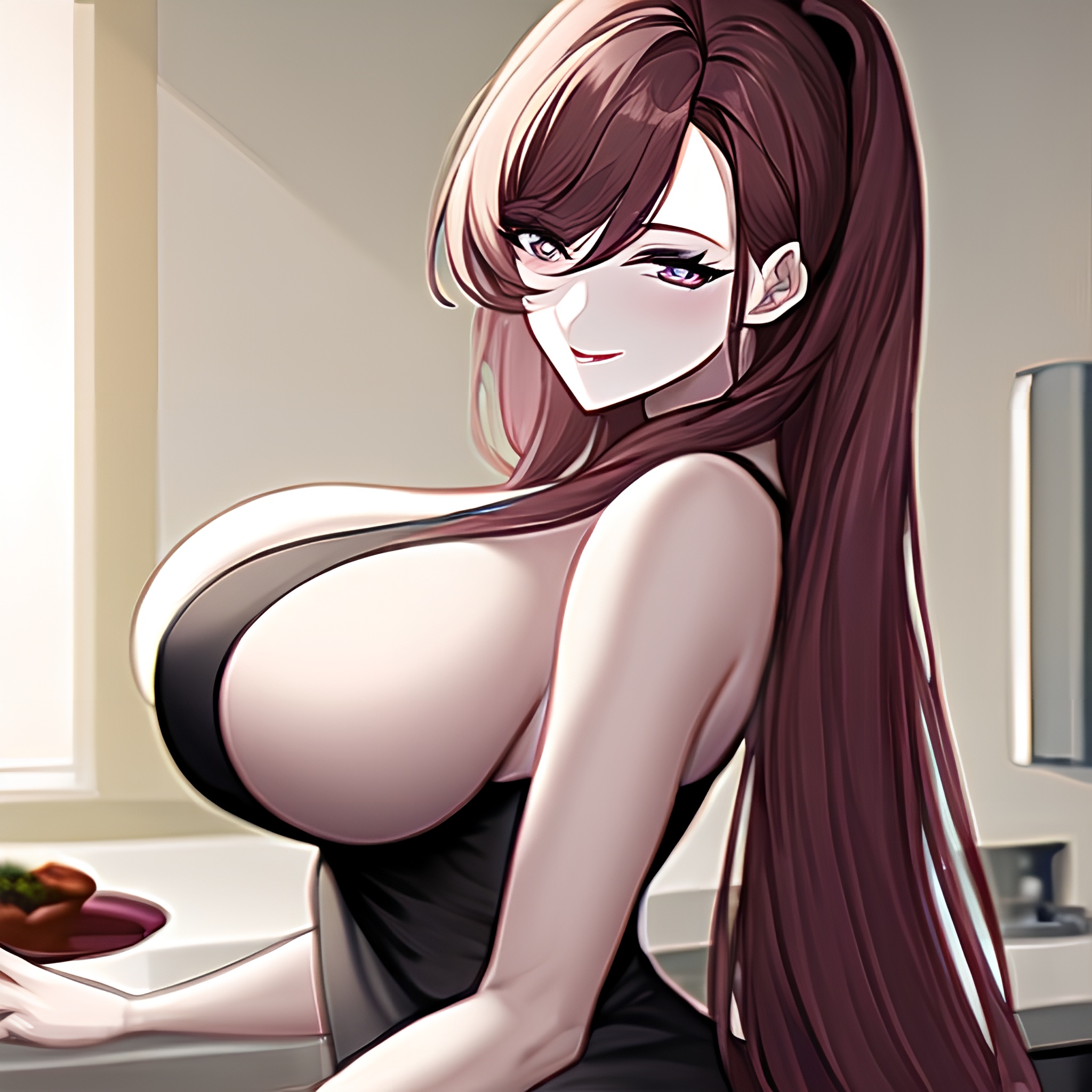 nude kitchen woman long hair perfect boobs front view 