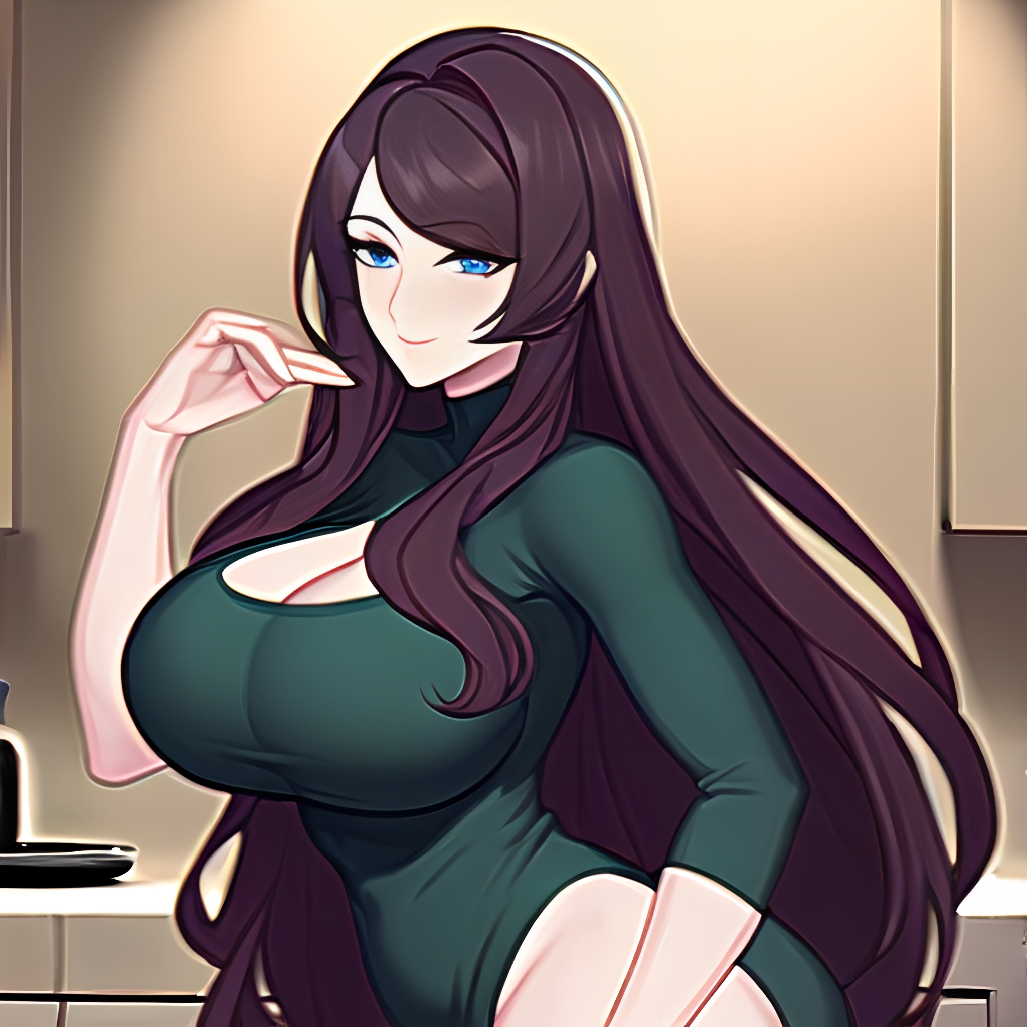 nude kitchen woman perfect boobs front view long hair 