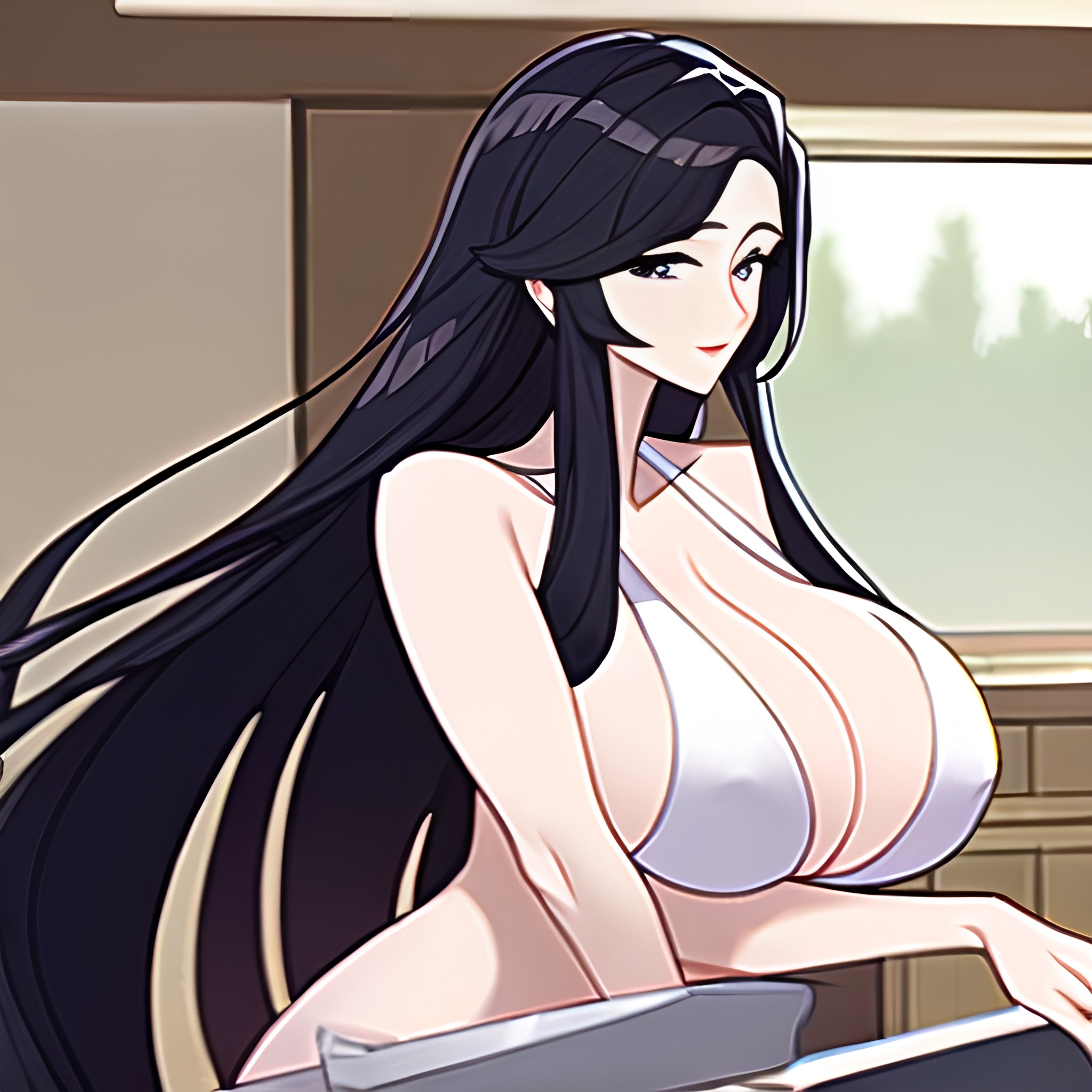 nude kitchen woman perfect boobs front view long hair 