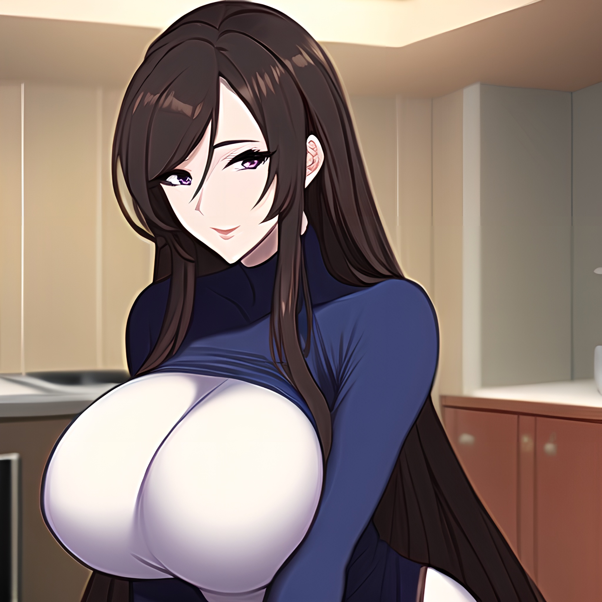 nude long hair front view kitchen perfect boobs woman 