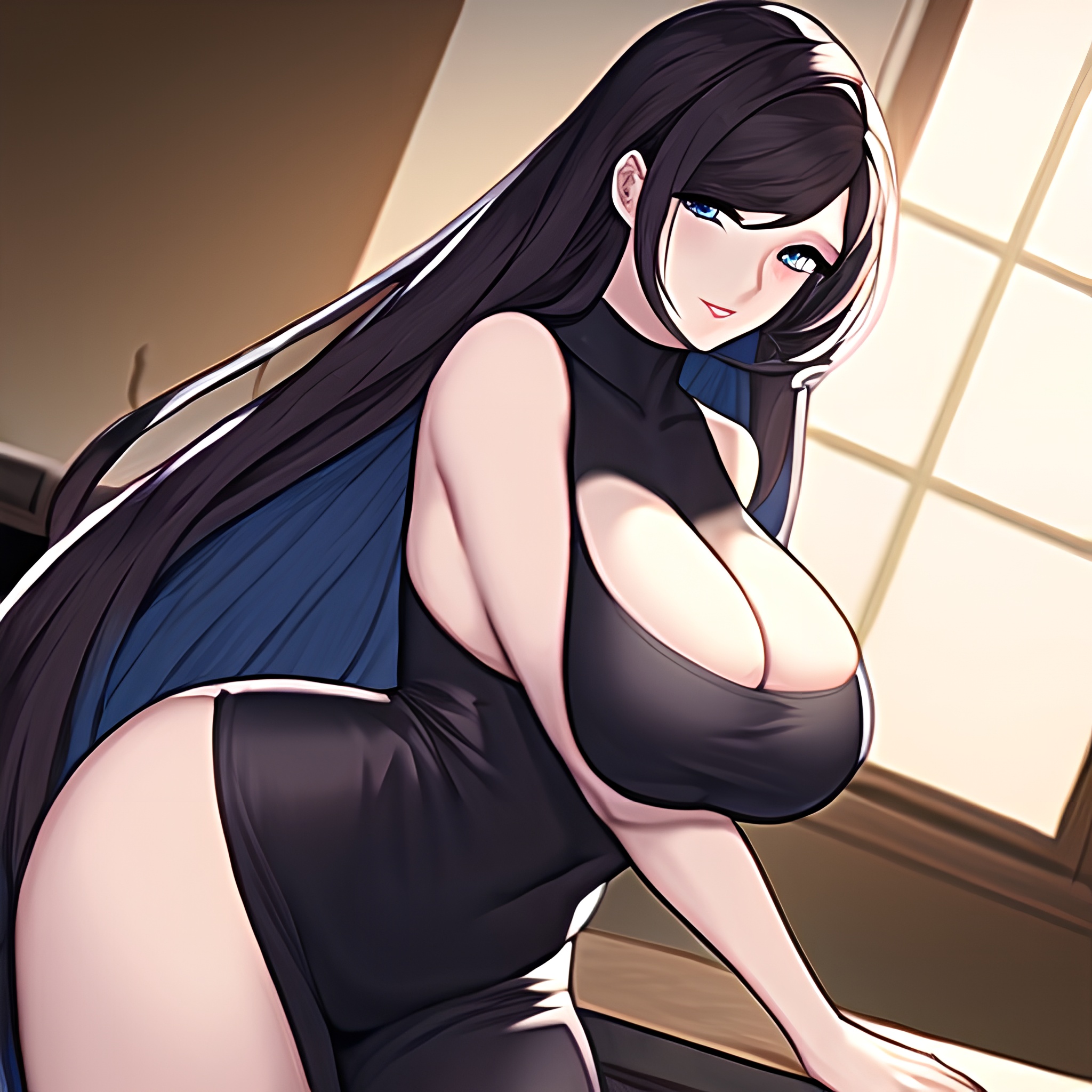 nude long hair front view perfect boobs woman kitchen 