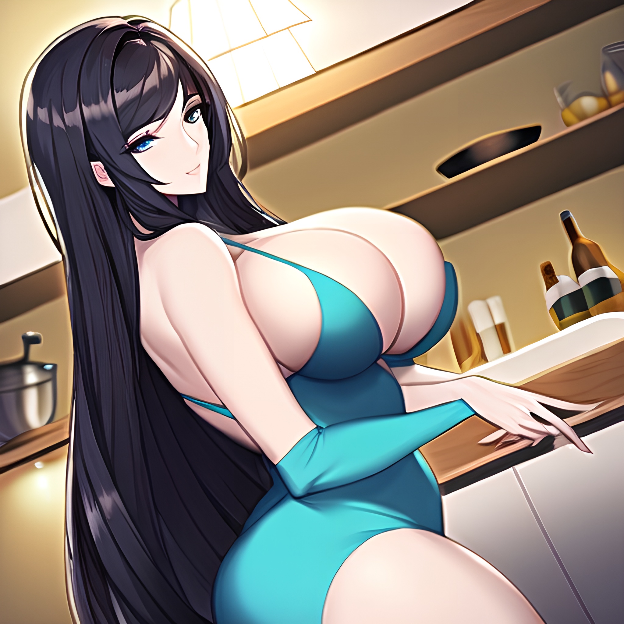 nude long hair kitchen woman front view perfect boobs 
