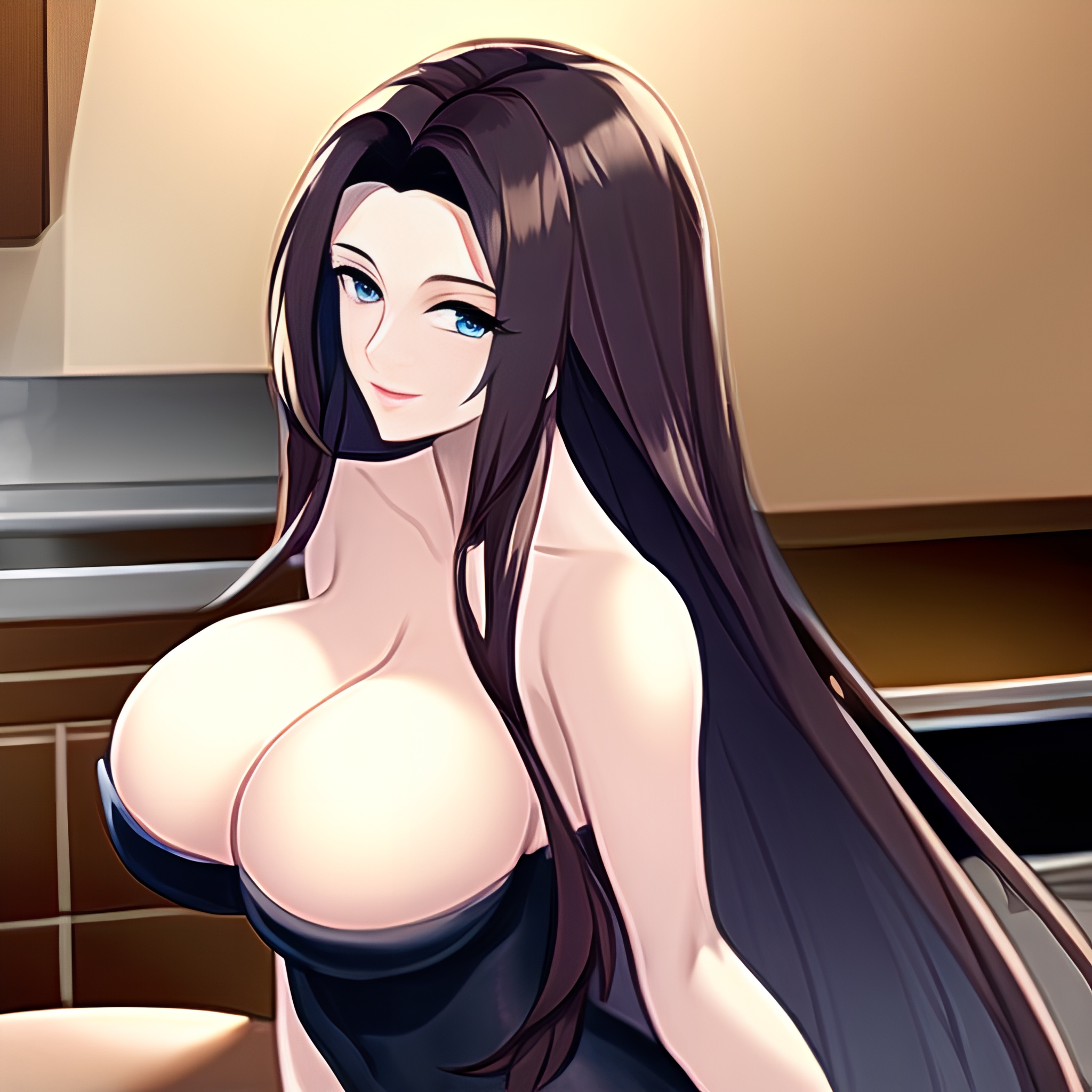 nude long hair perfect boobs kitchen woman front view