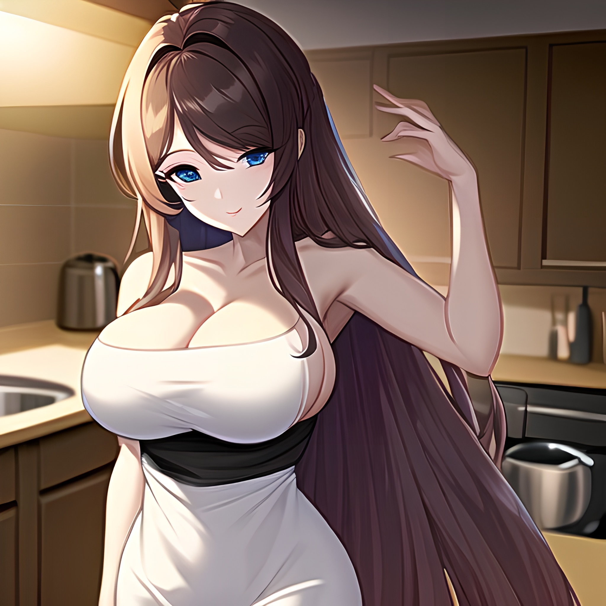 nude long hair perfect boobs kitchen woman front view 