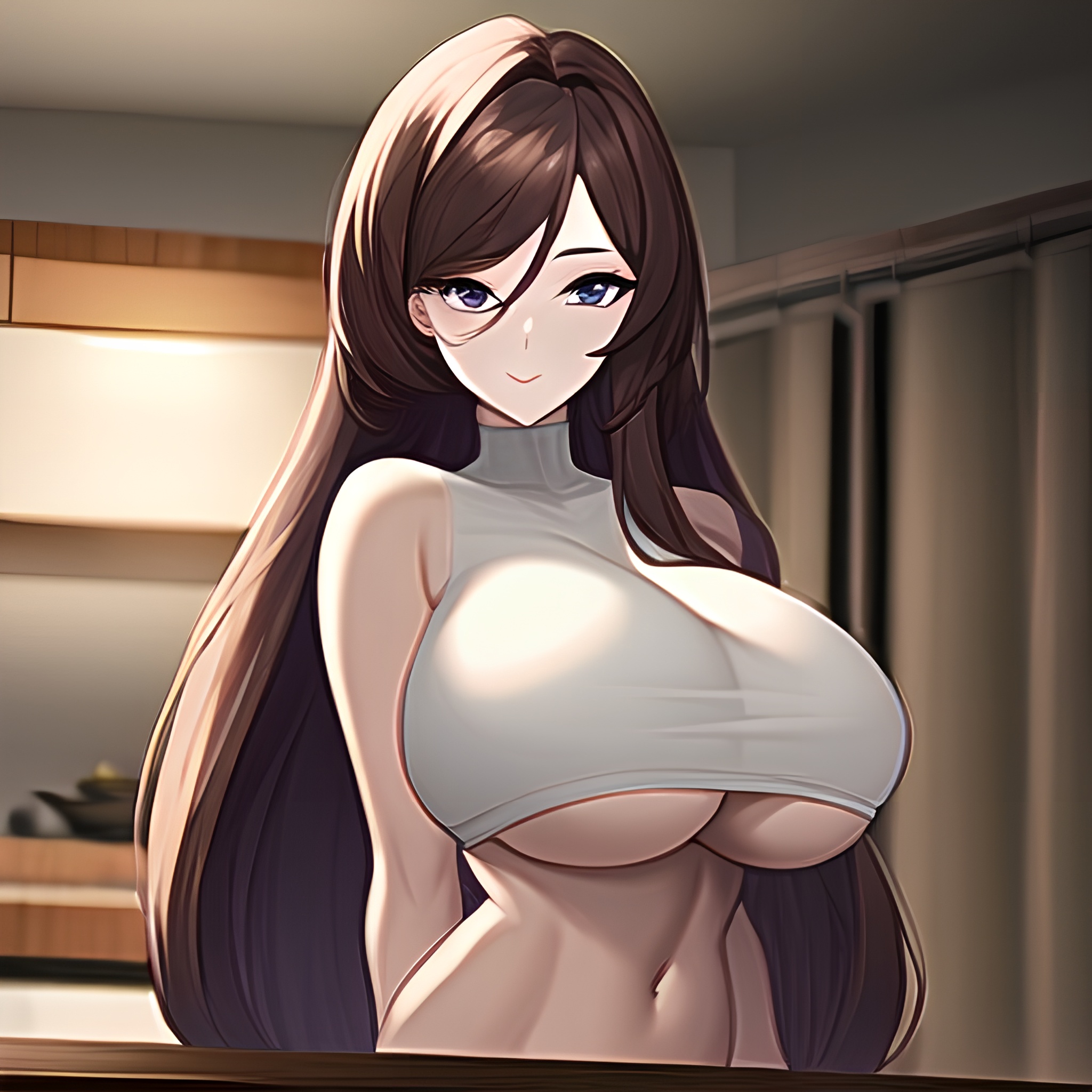 nude long hair perfect boobs kitchen woman front view 