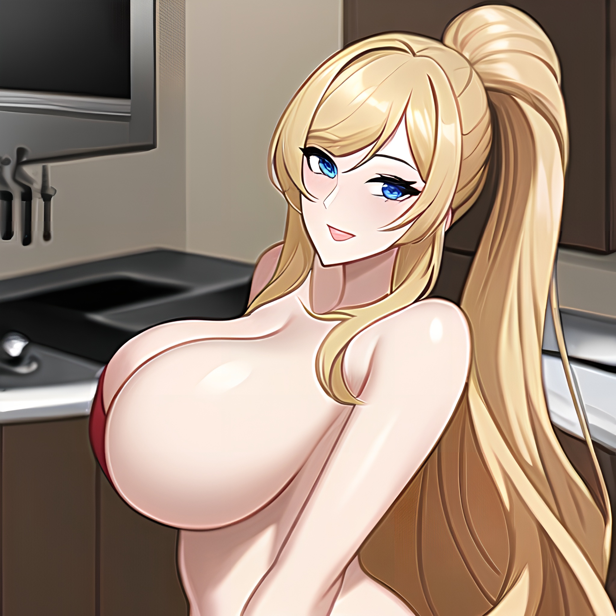 nude perfect boobs front view long hair kitchen woman