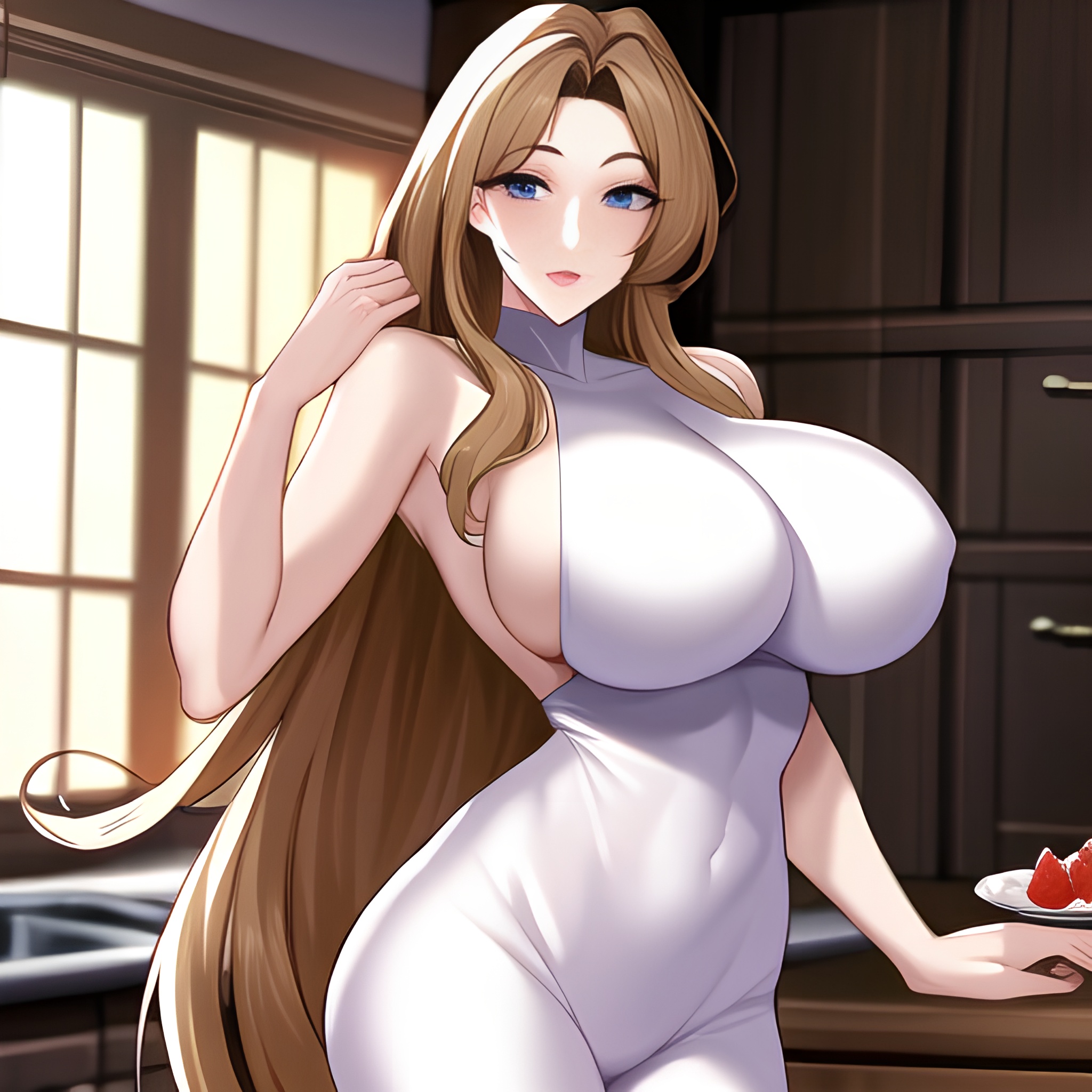 nude perfect boobs front view long hair kitchen woman 