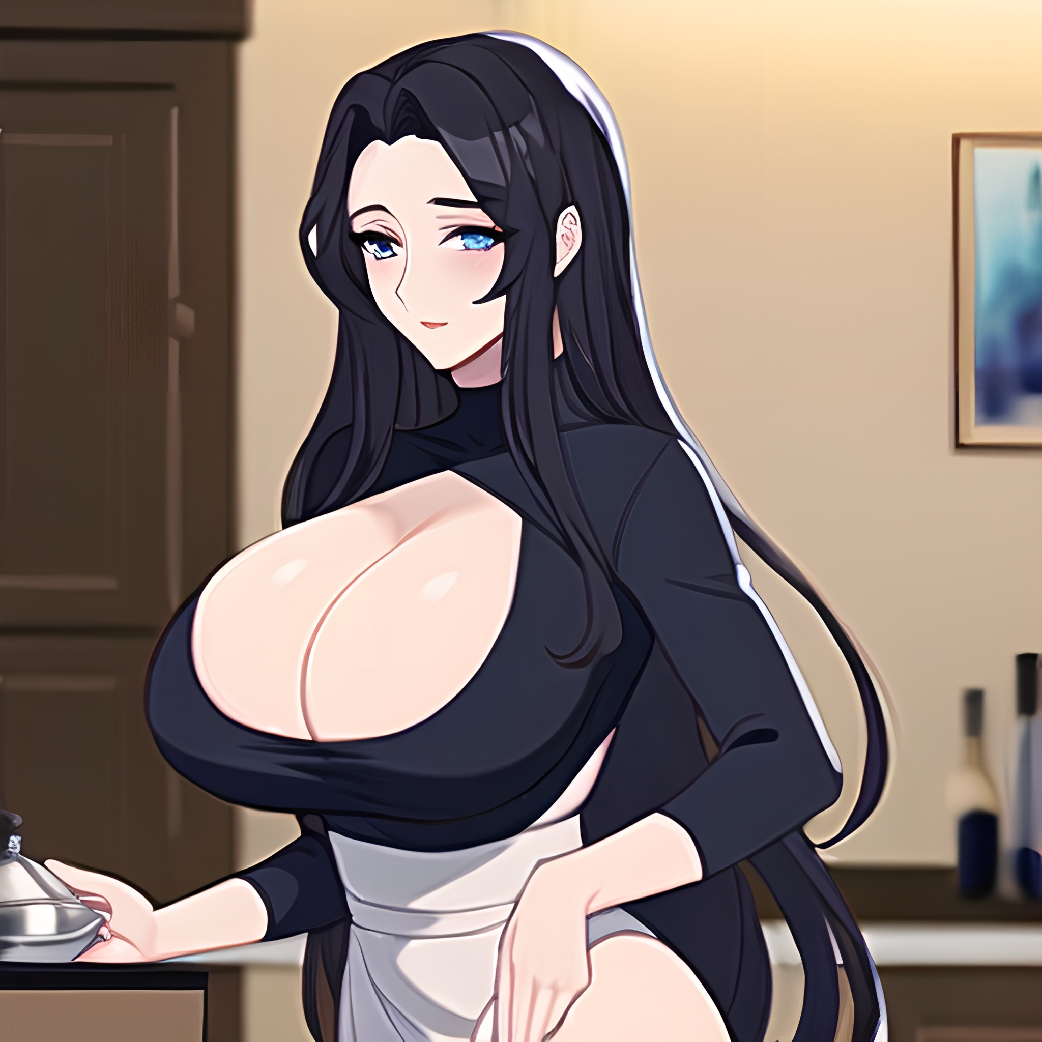 nude perfect boobs front view woman long hair kitchen 