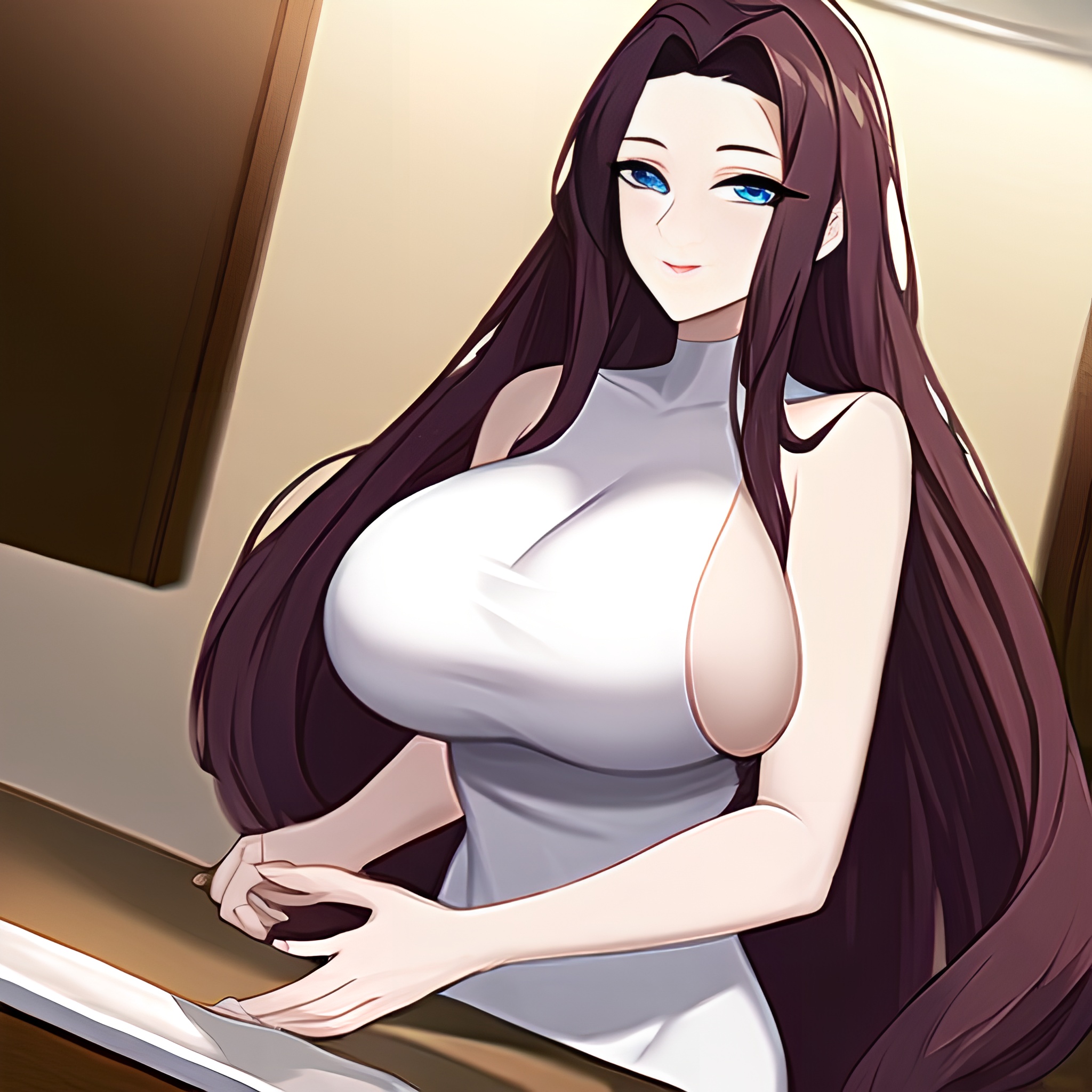 nude perfect boobs kitchen front view long hair woman 