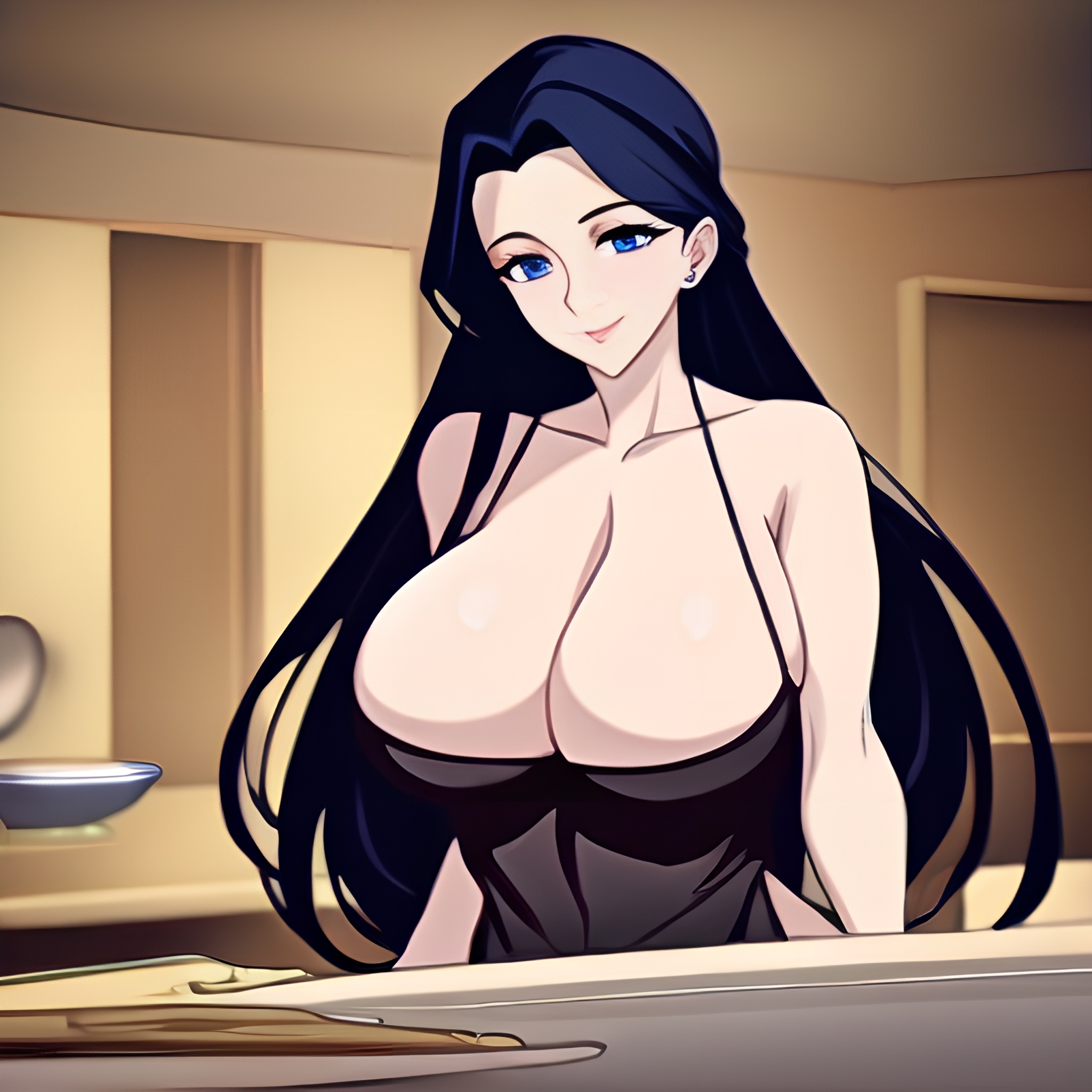 nude perfect boobs kitchen long hair woman front view