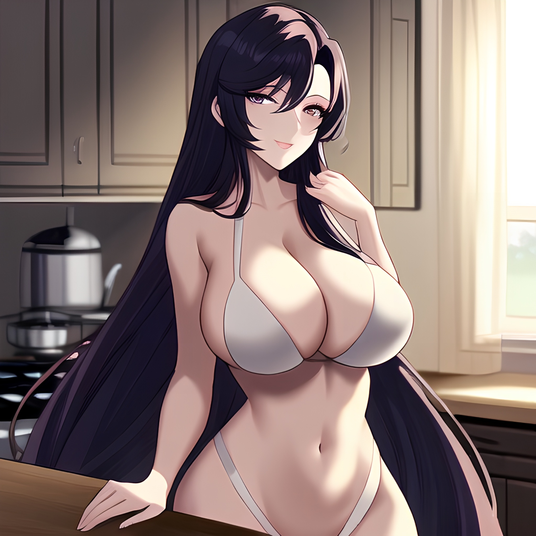 nude perfect boobs kitchen woman long hair front view 