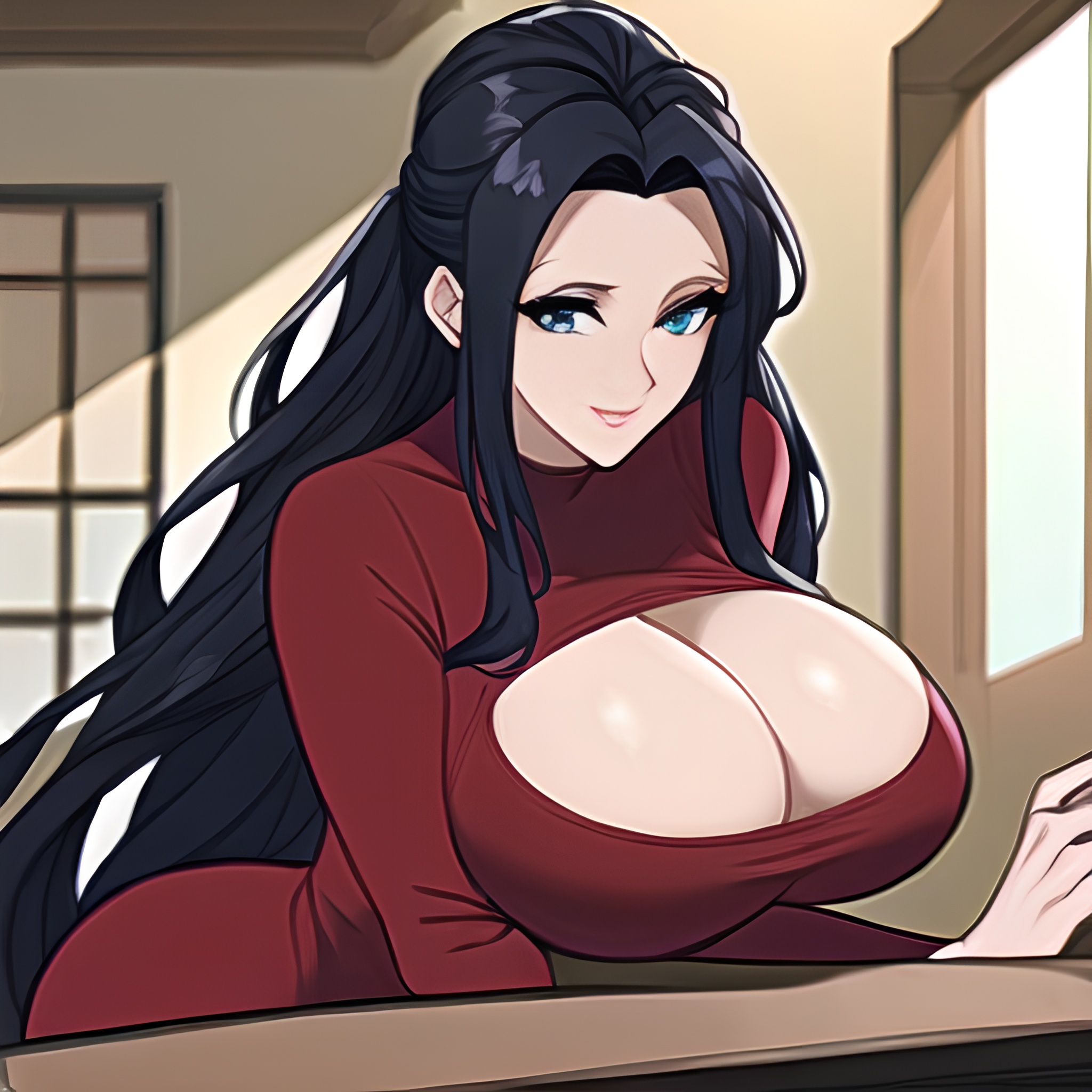 nude perfect boobs long hair woman front view kitchen 