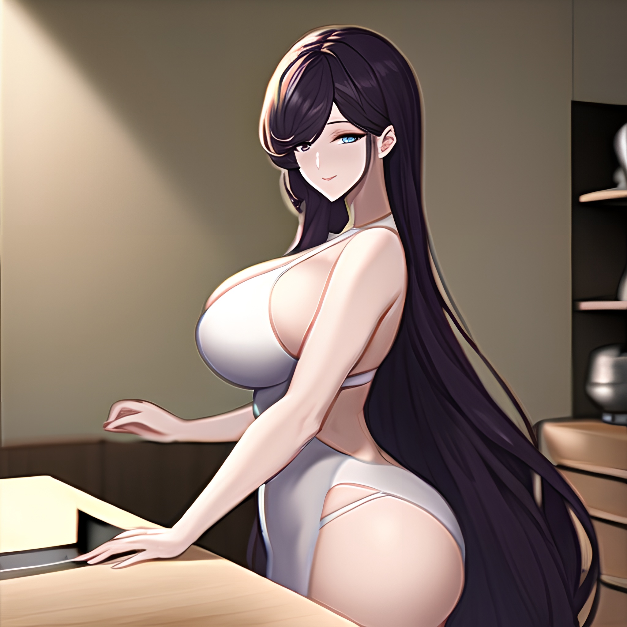 nude woman front view kitchen perfect boobs long hair 