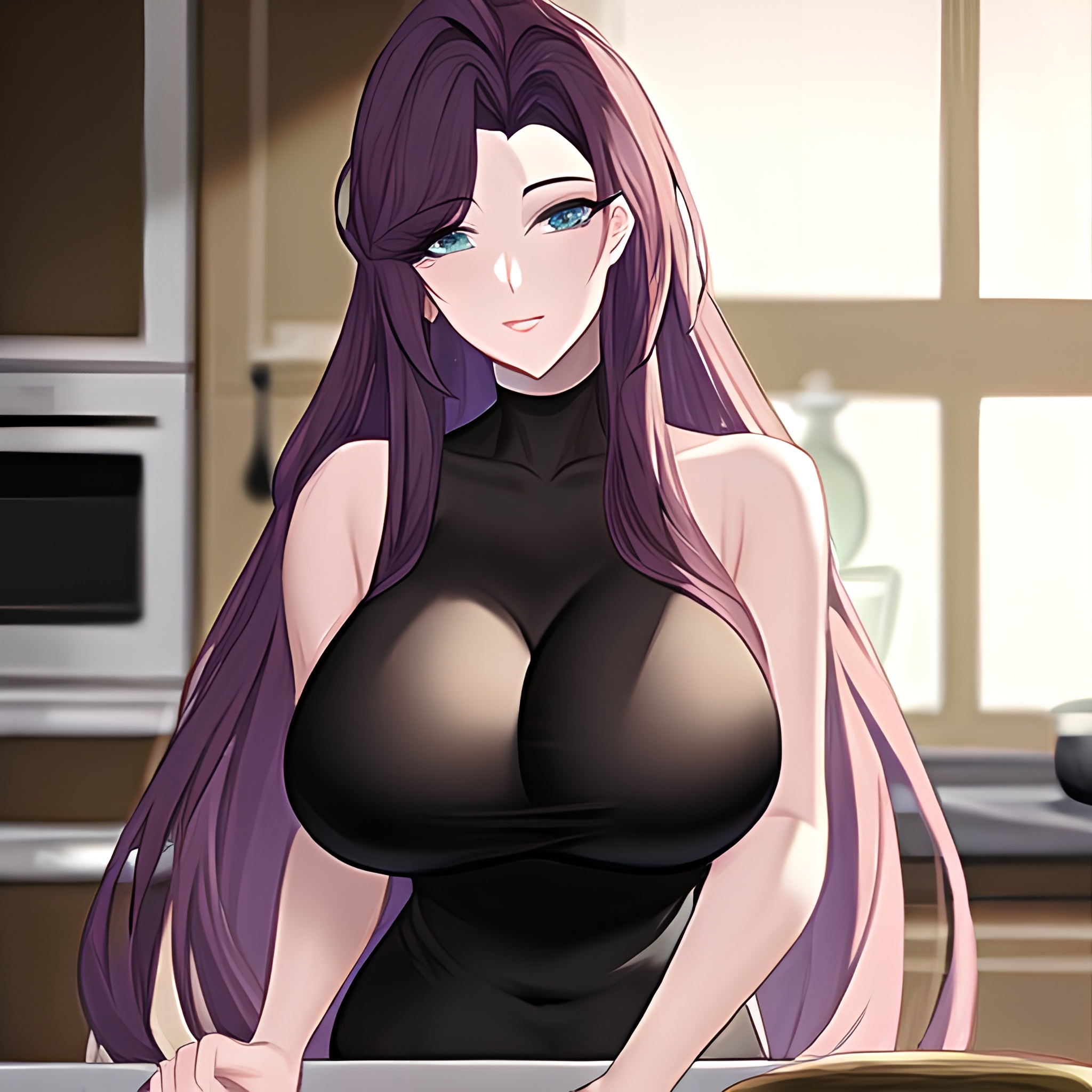 nude woman front view perfect boobs kitchen long hair