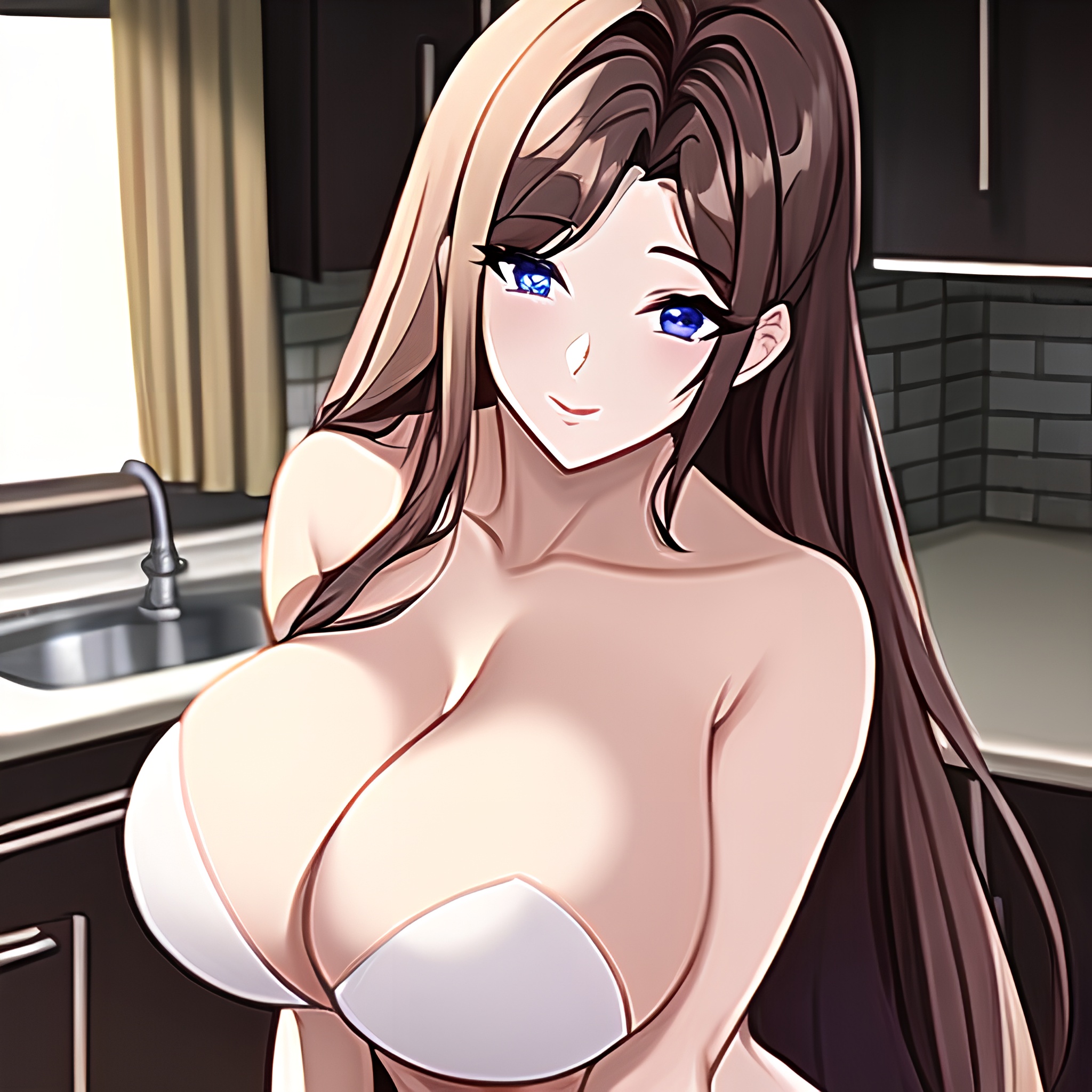 nude woman kitchen front view long hair perfect boobs 