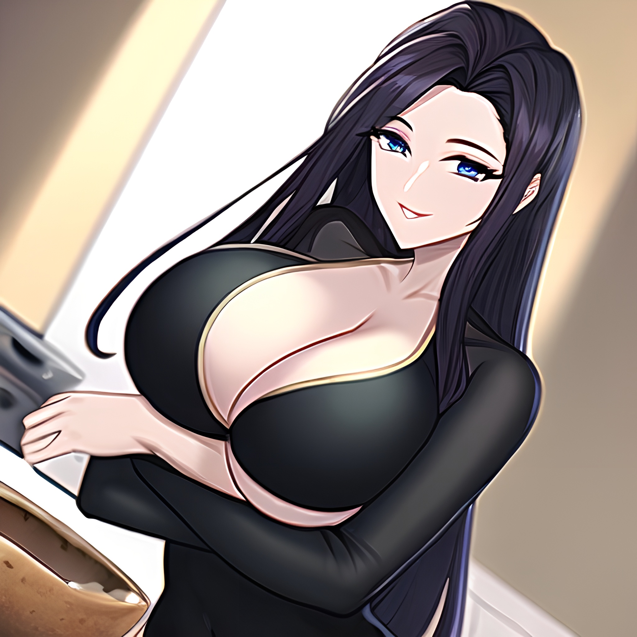 nude woman kitchen front view long hair perfect boobs 