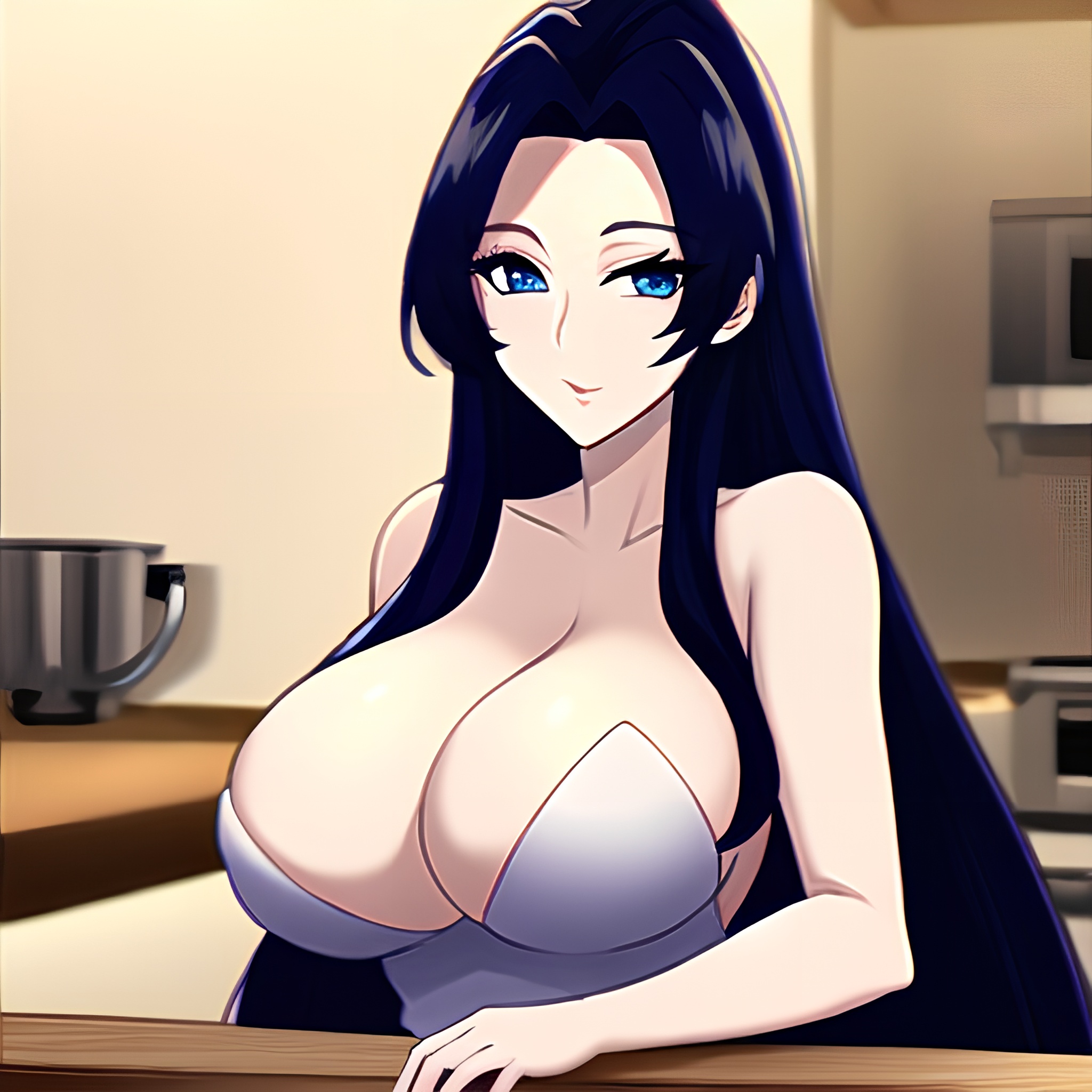 nude woman long hair perfect boobs kitchen front view