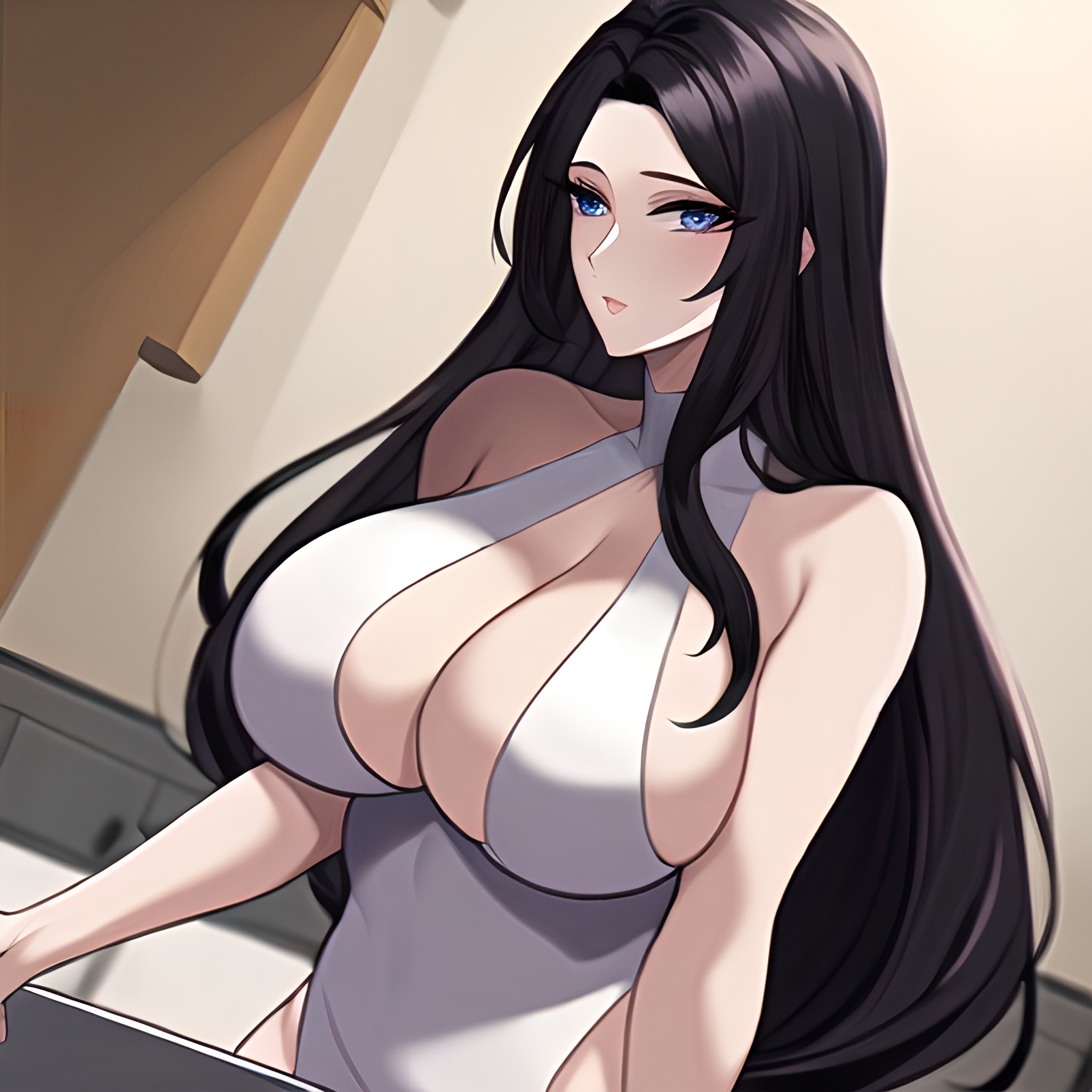 nude woman perfect boobs front view kitchen long hair 