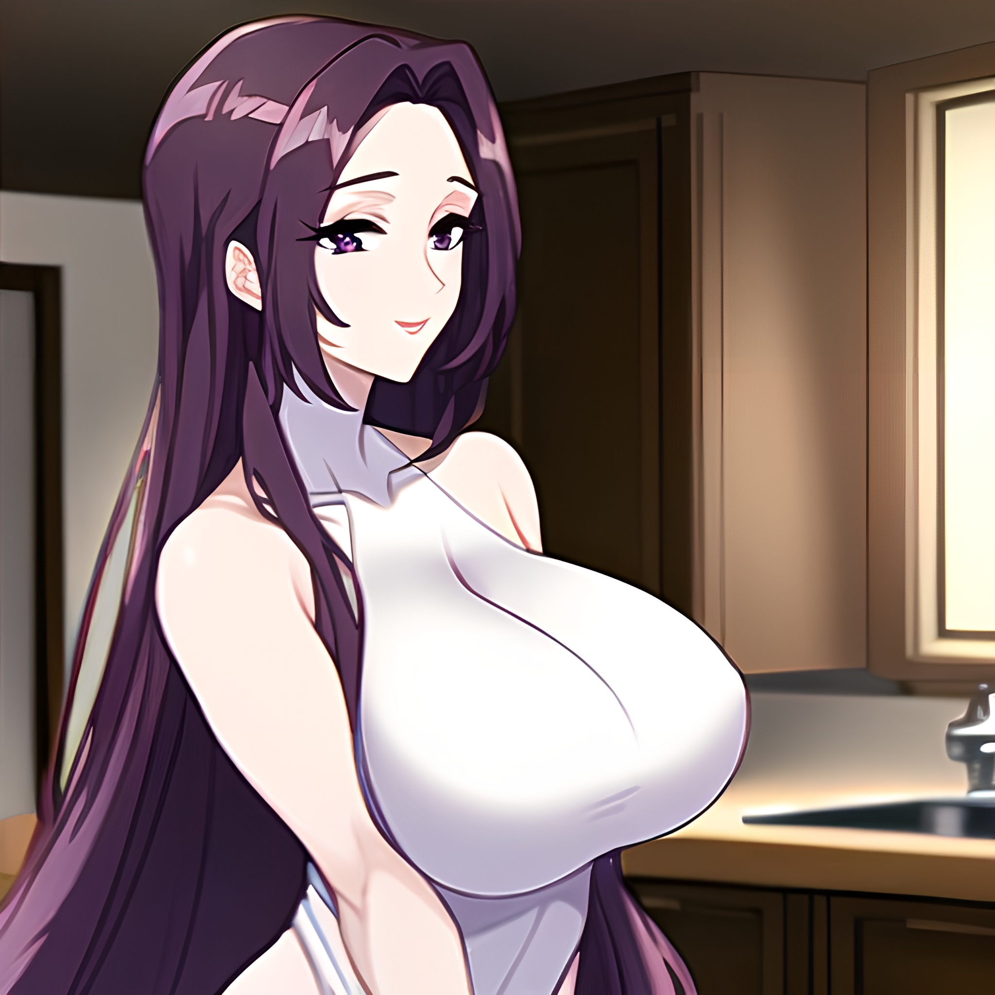 nude woman perfect boobs front view kitchen long hair