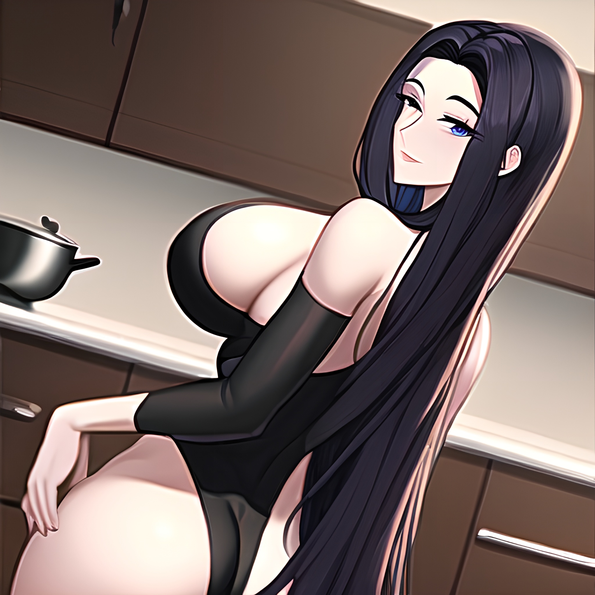 nude woman perfect boobs front view long hair kitchen