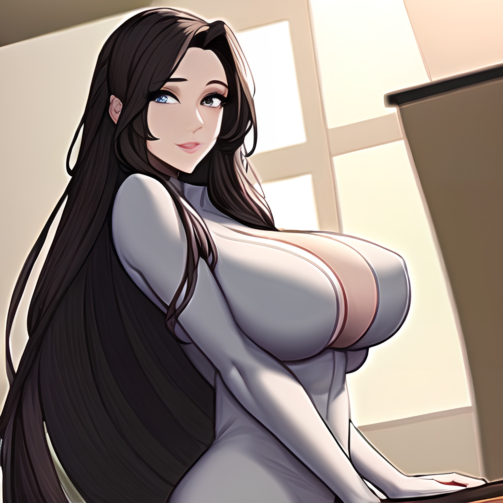 nude woman perfect boobs kitchen front view long hair 