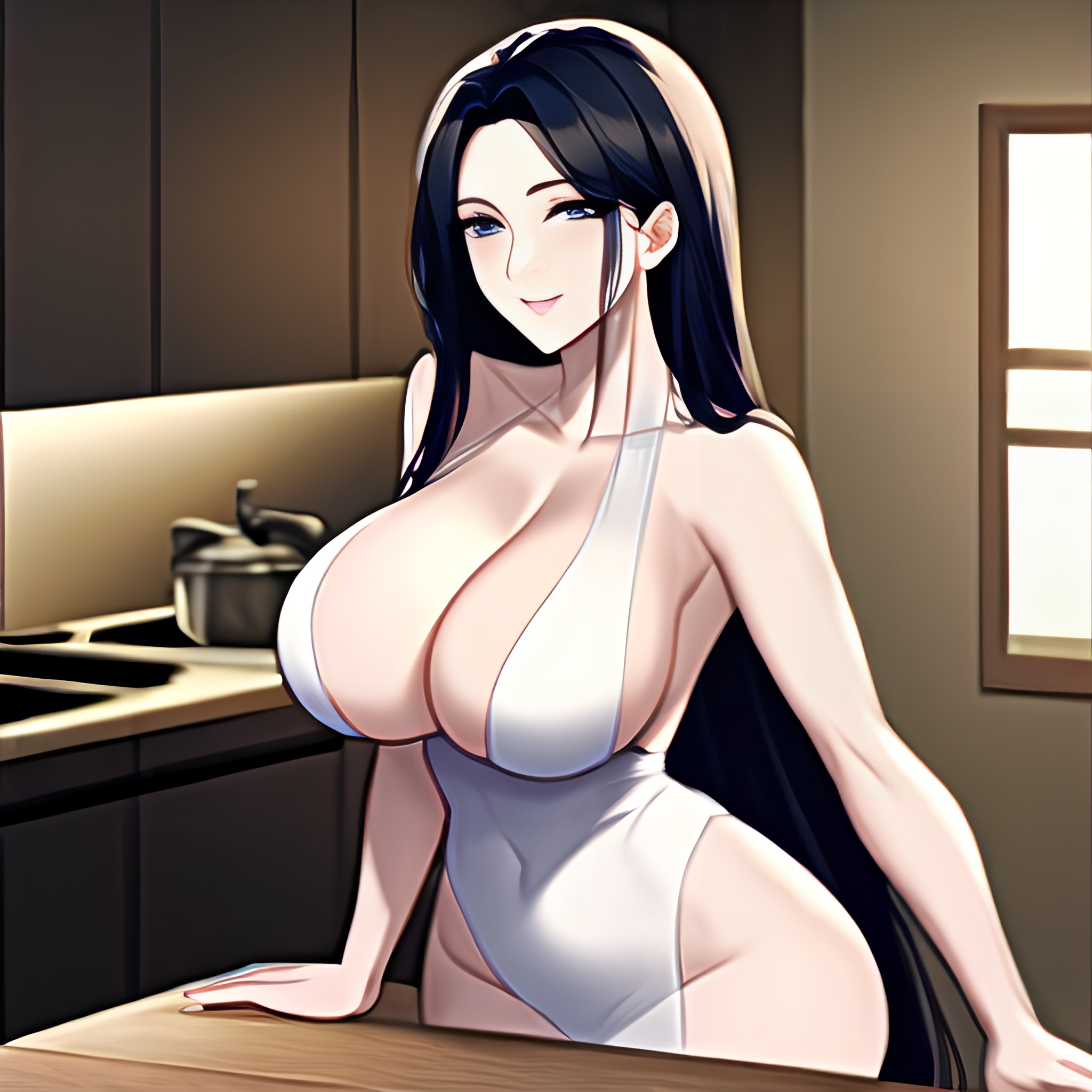 nude woman perfect boobs kitchen long hair front view 