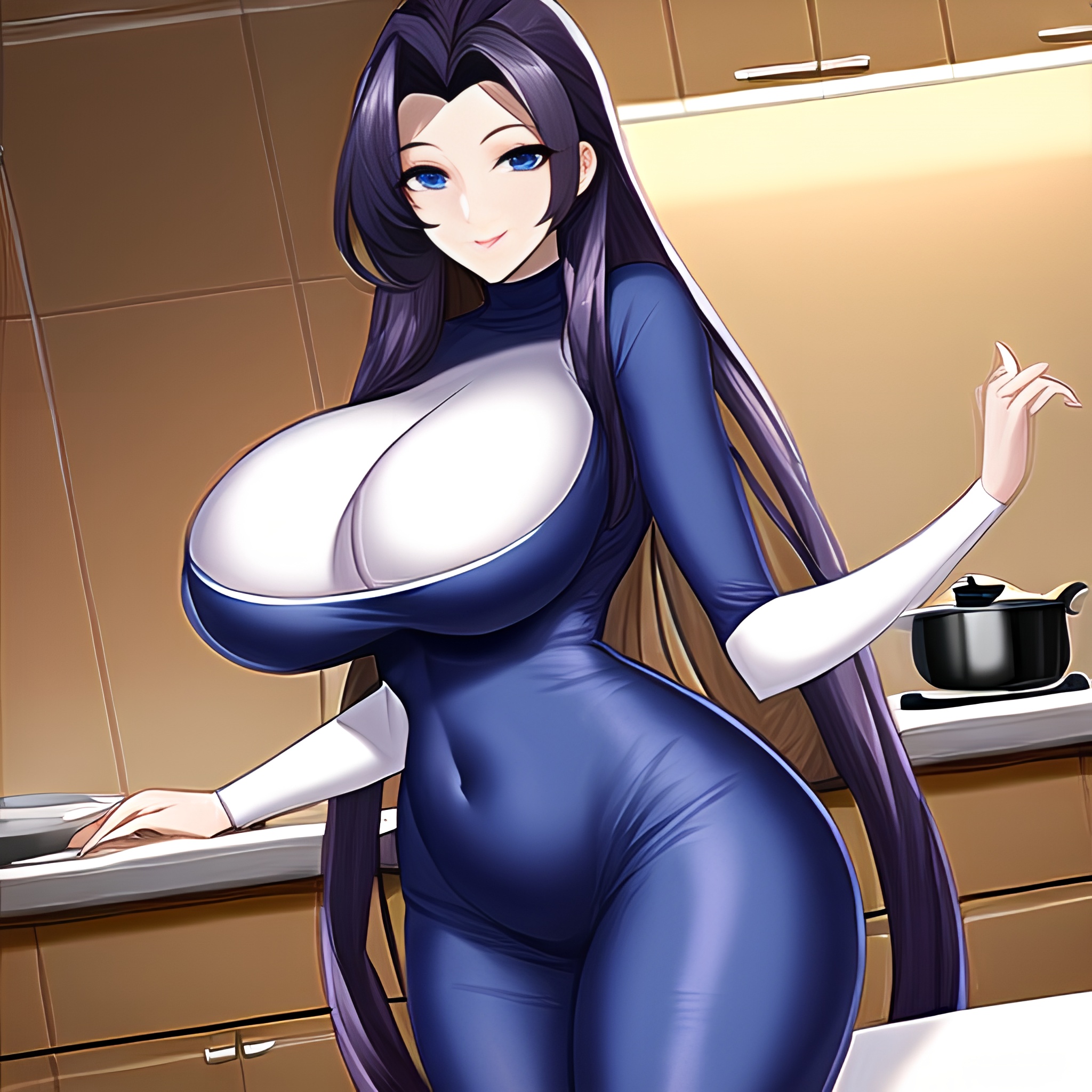 perfect boobs front view kitchen long hair nude woman 