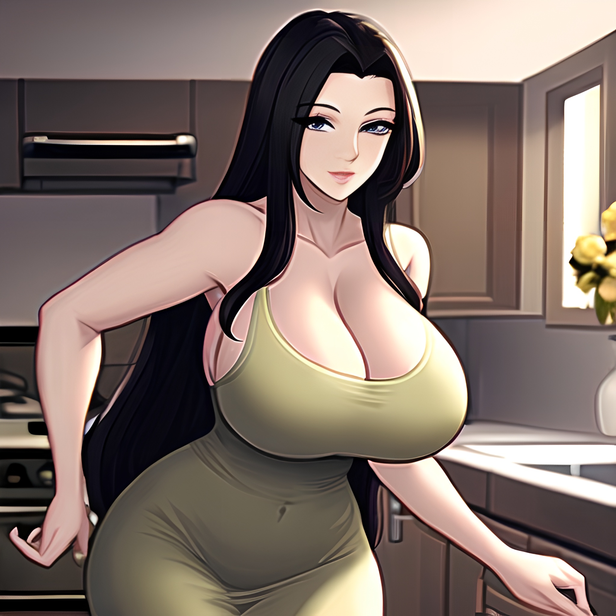 perfect boobs front view kitchen nude long hair woman 