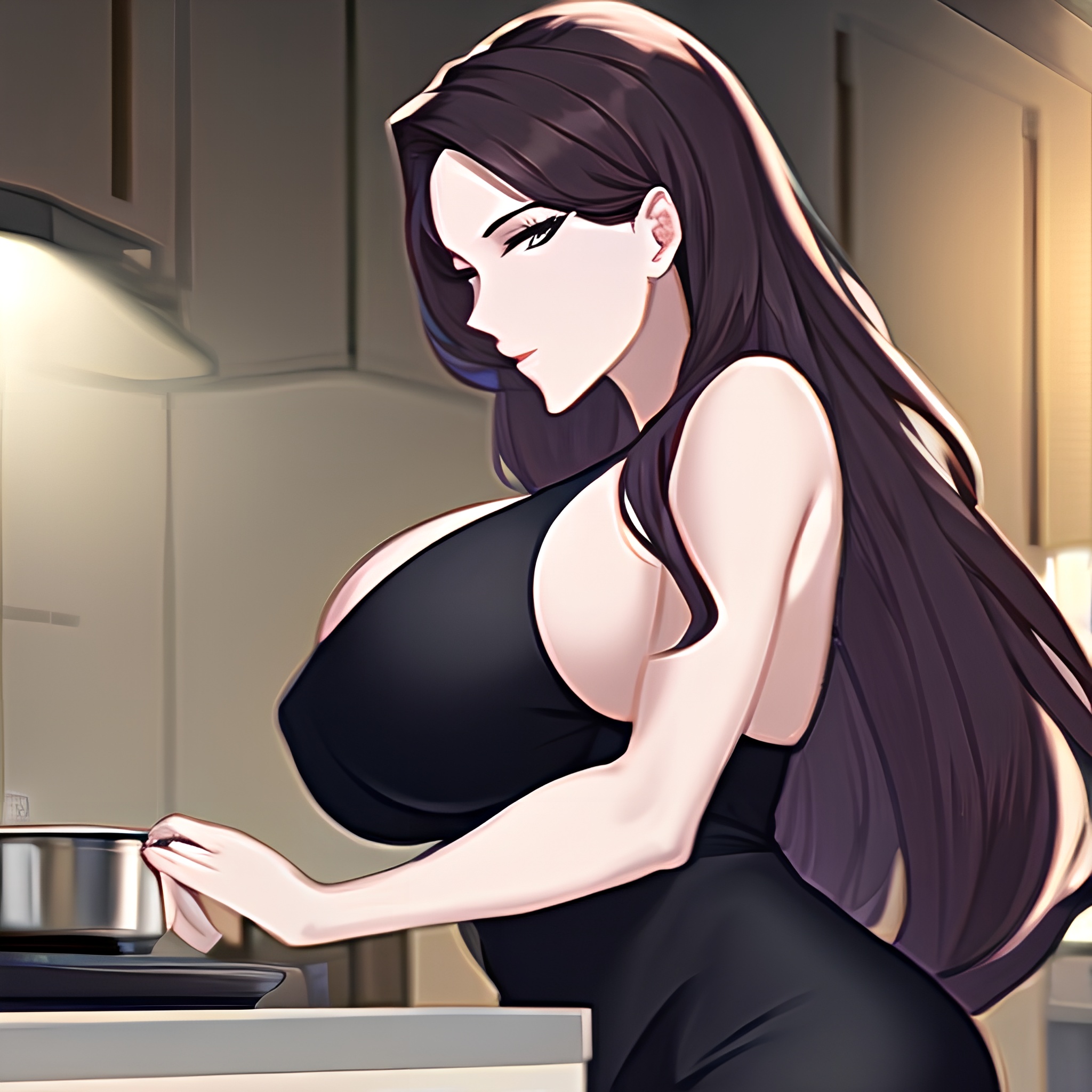 perfect boobs front view long hair kitchen woman nude 