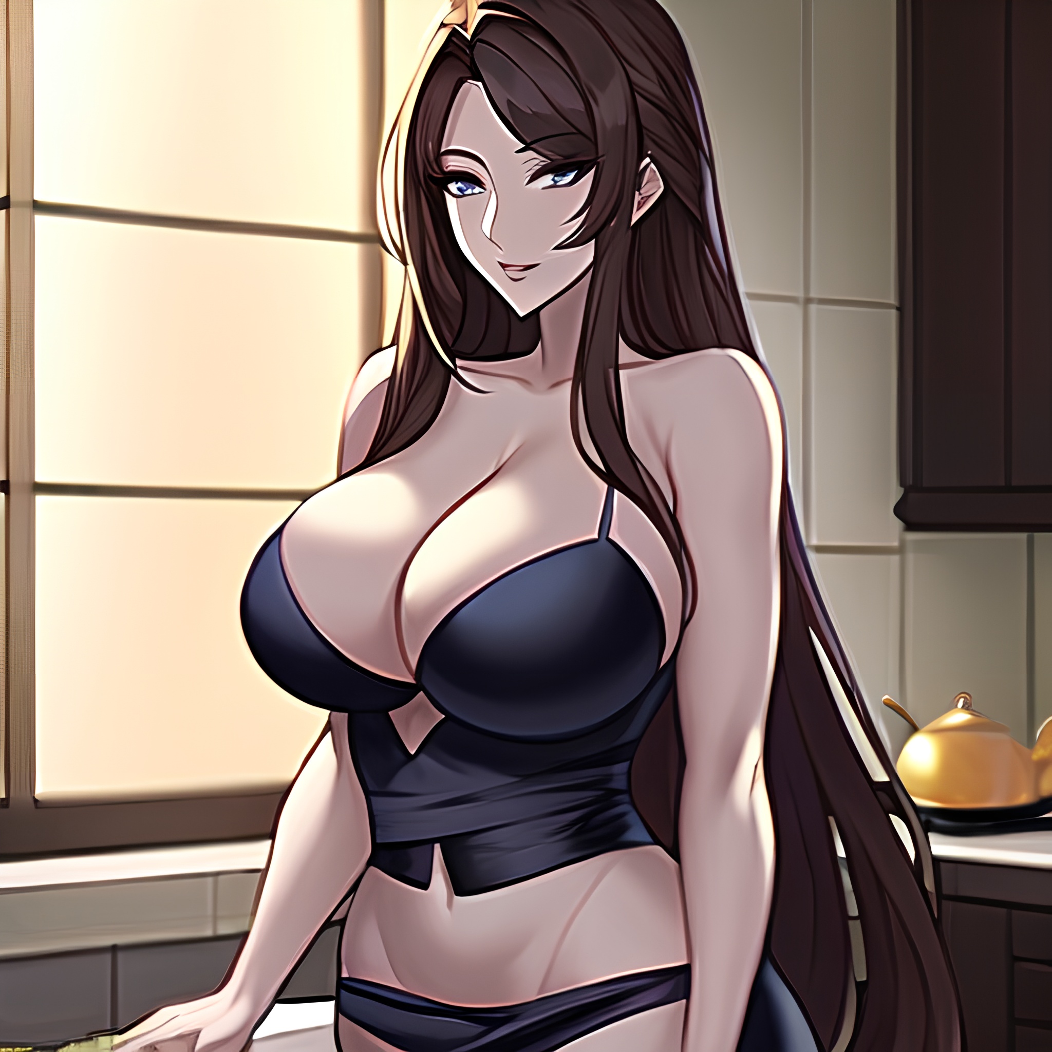 perfect boobs front view long hair nude woman kitchen 