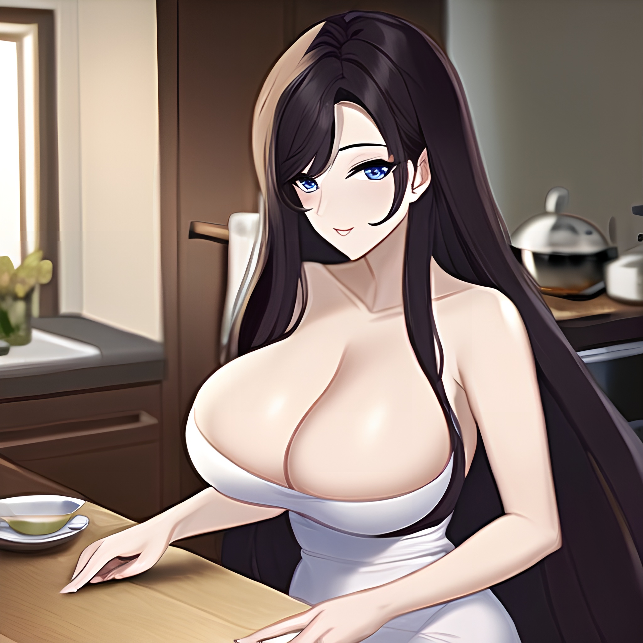 perfect boobs front view long hair woman nude kitchen 