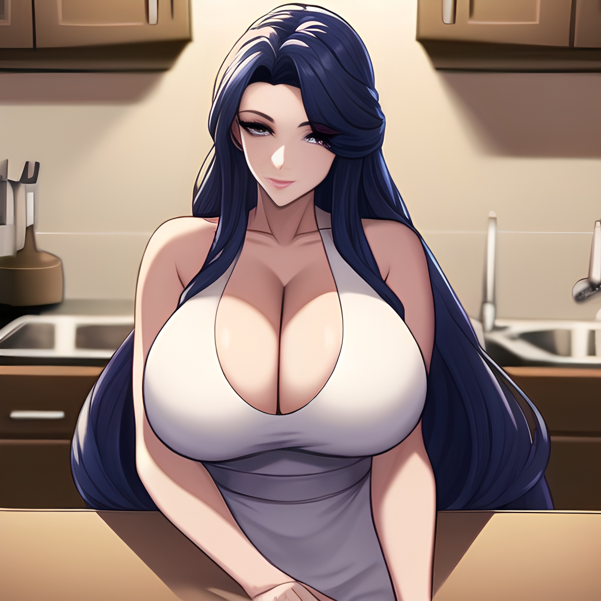 perfect boobs front view nude woman kitchen long hair