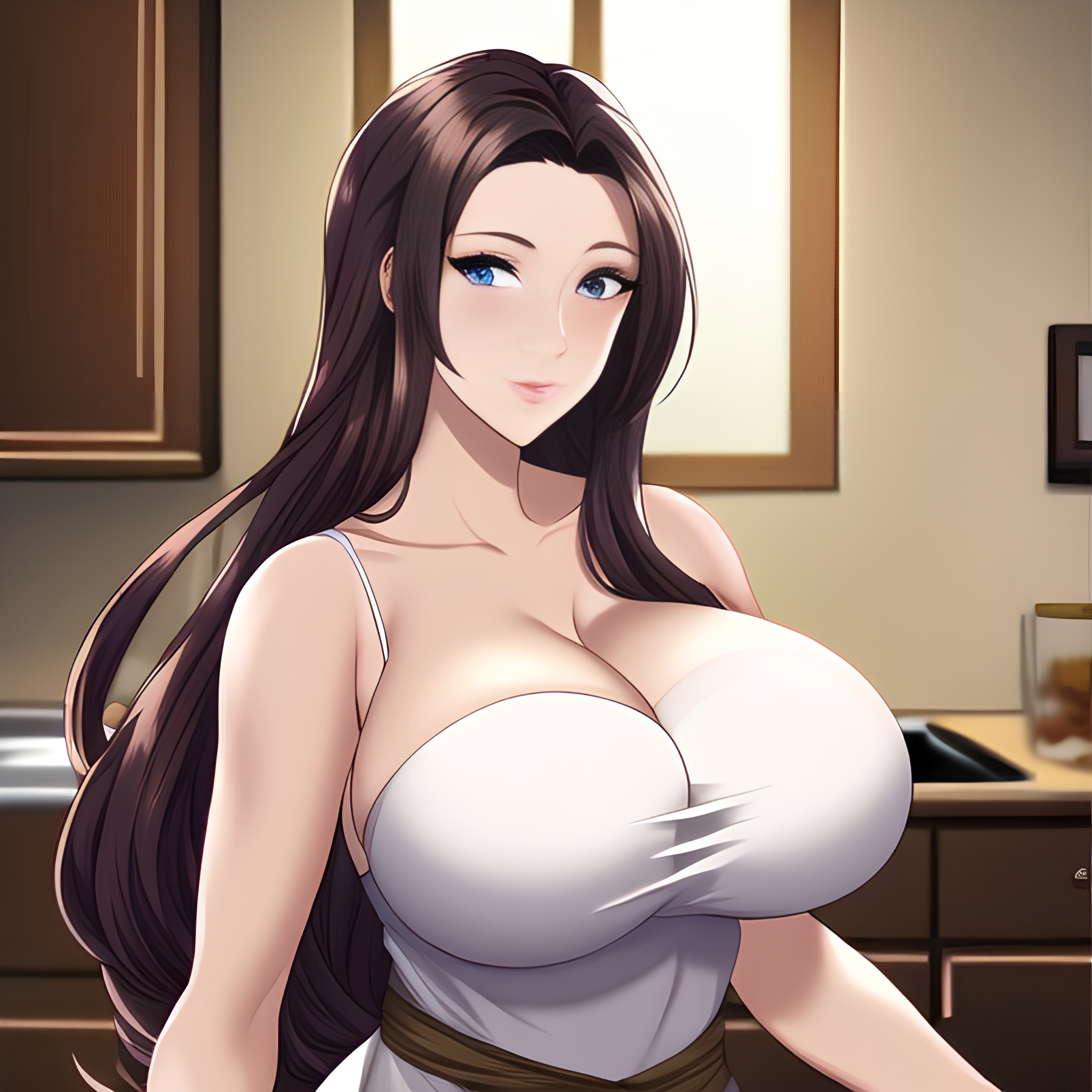 perfect boobs front view nude woman kitchen long hair 