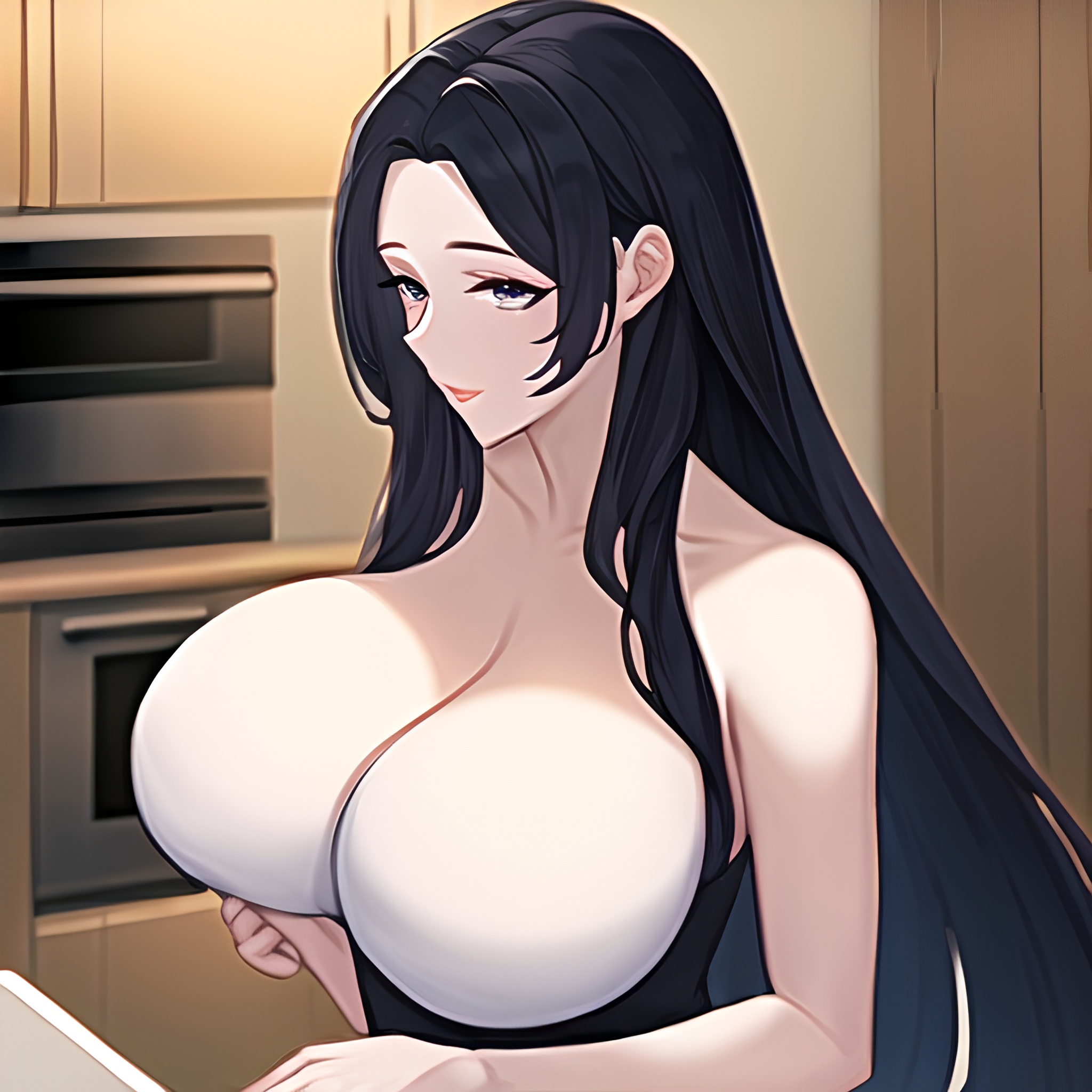 perfect boobs front view woman kitchen long hair nude 