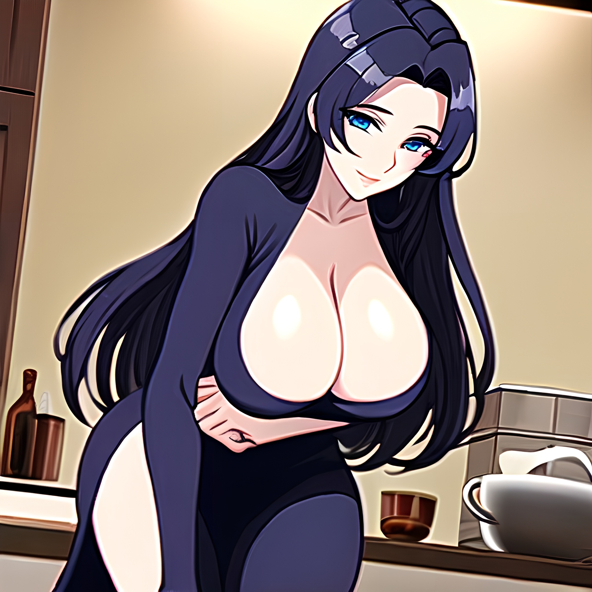 perfect boobs kitchen front view woman long hair nude 