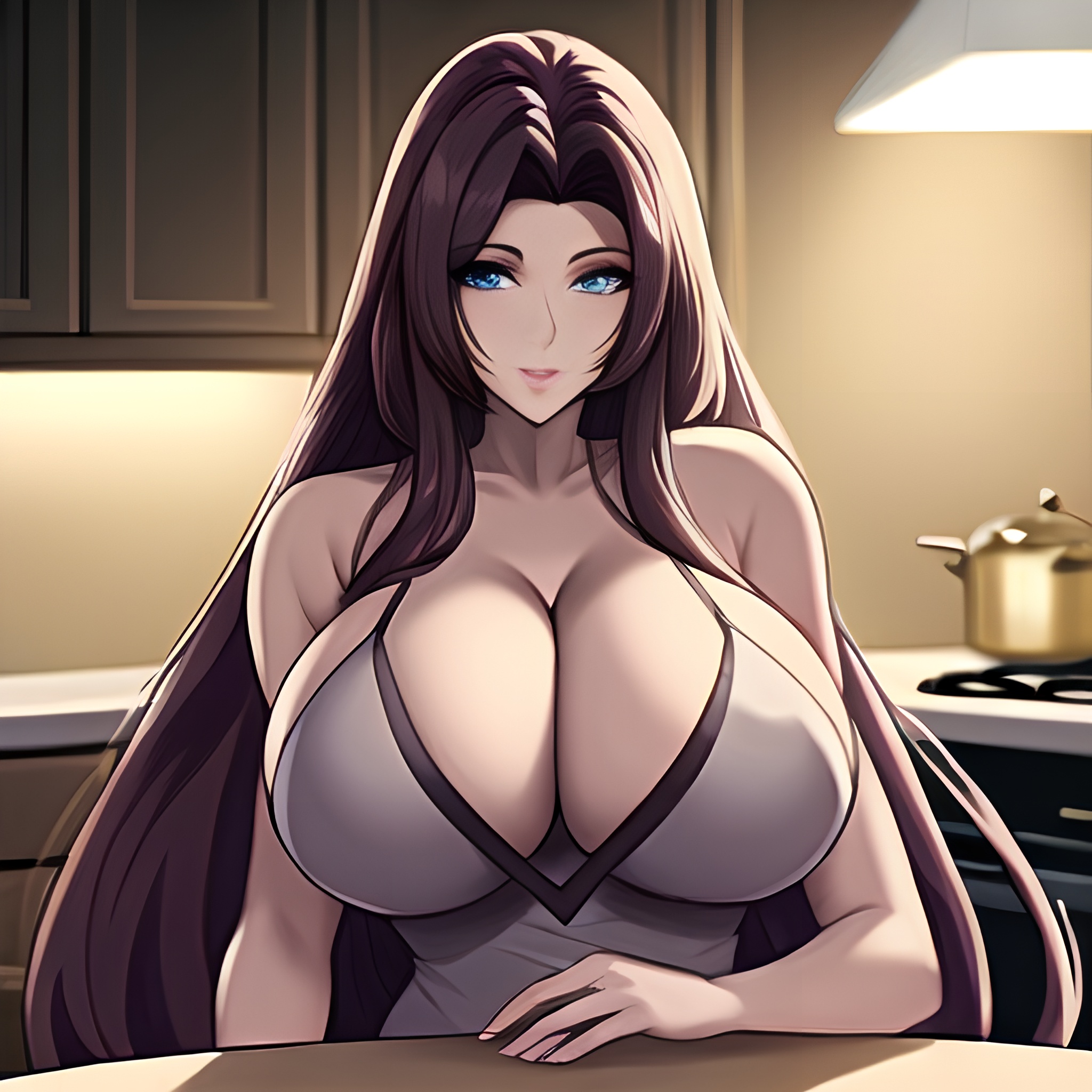 perfect boobs kitchen front view woman long hair nude 