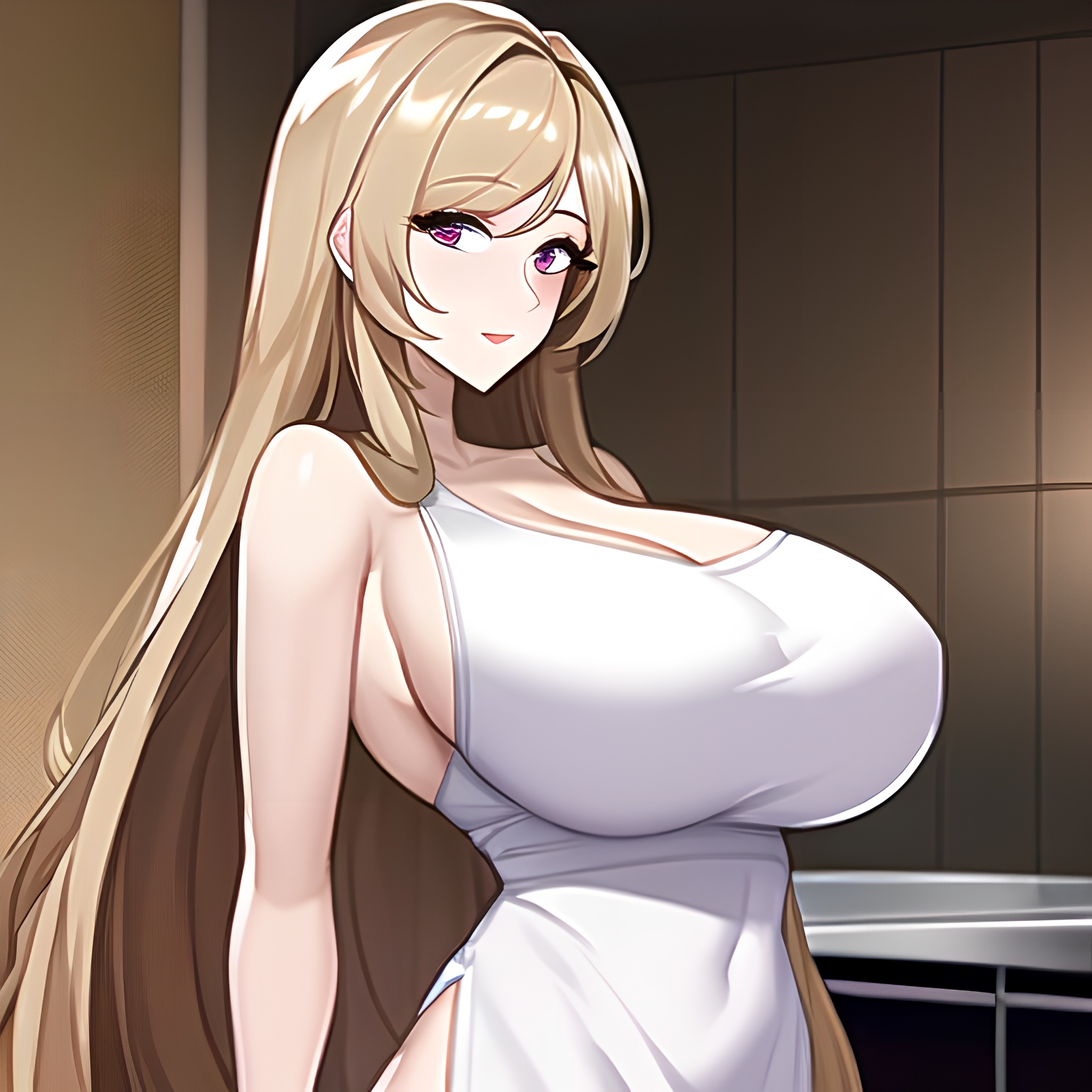 perfect boobs kitchen long hair woman front view nude 