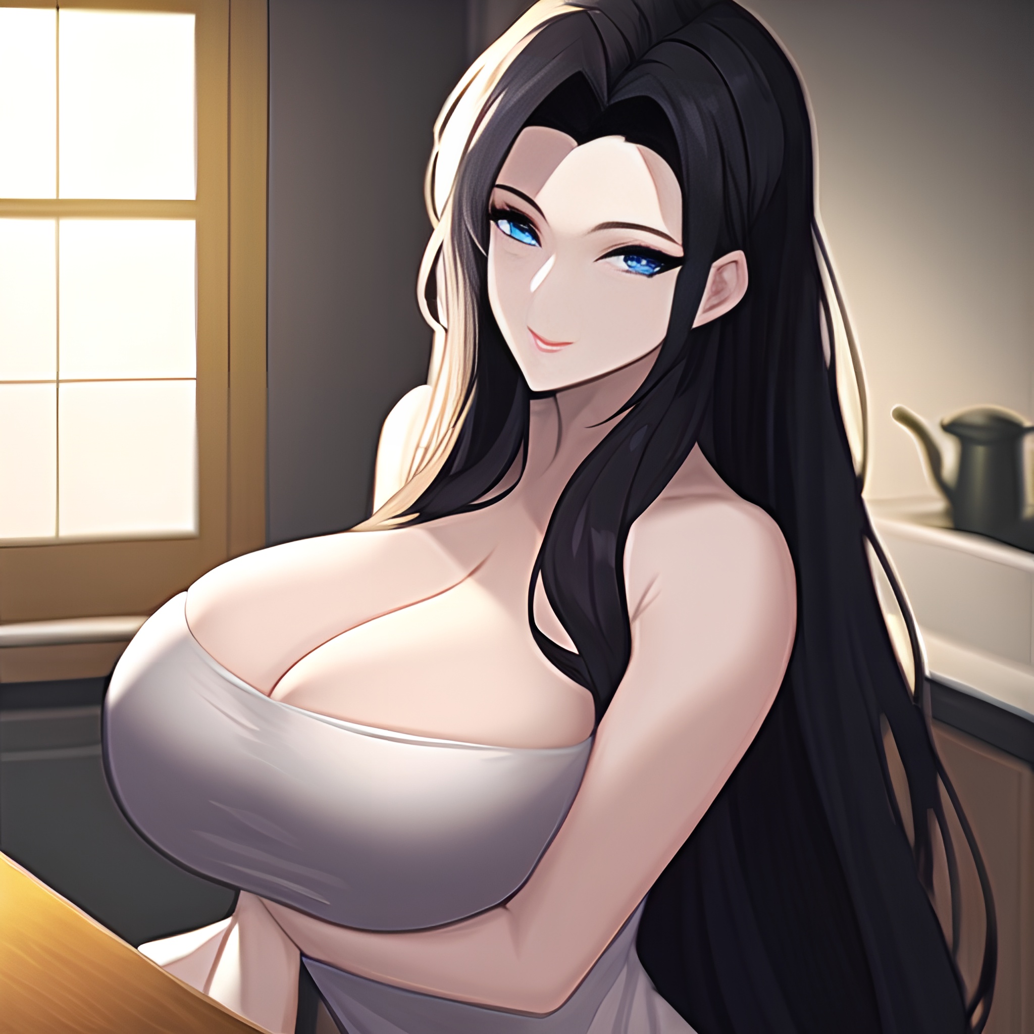 perfect boobs kitchen nude front view long hair woman 