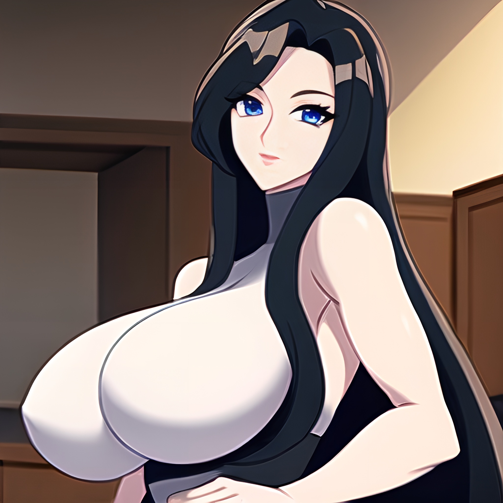 perfect boobs kitchen nude front view long hair woman 