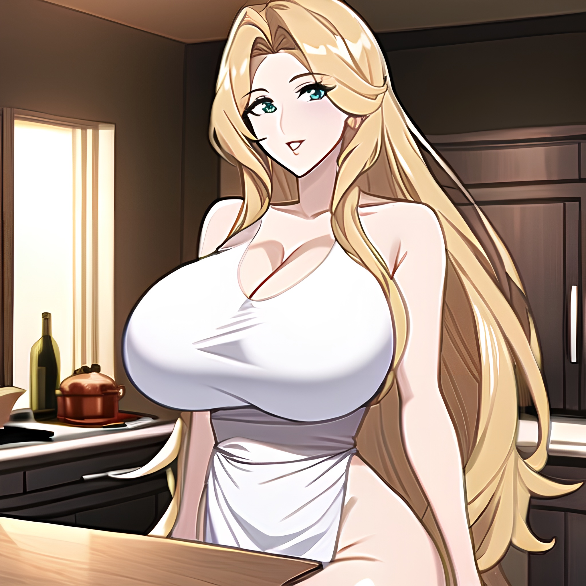 perfect boobs kitchen nude front view long hair woman 