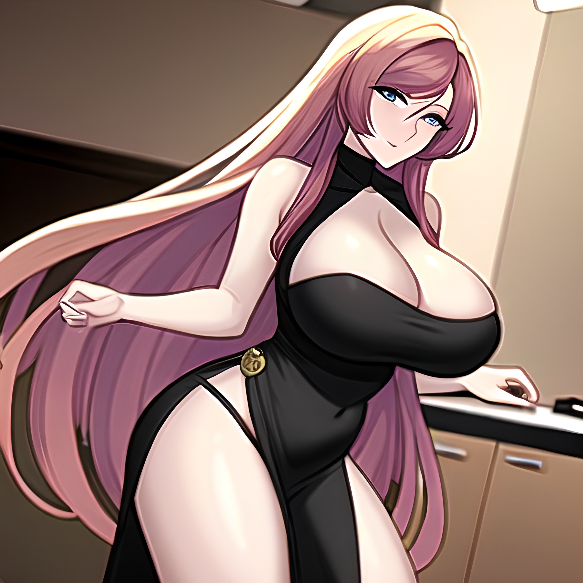 perfect boobs kitchen nude long hair woman front view 