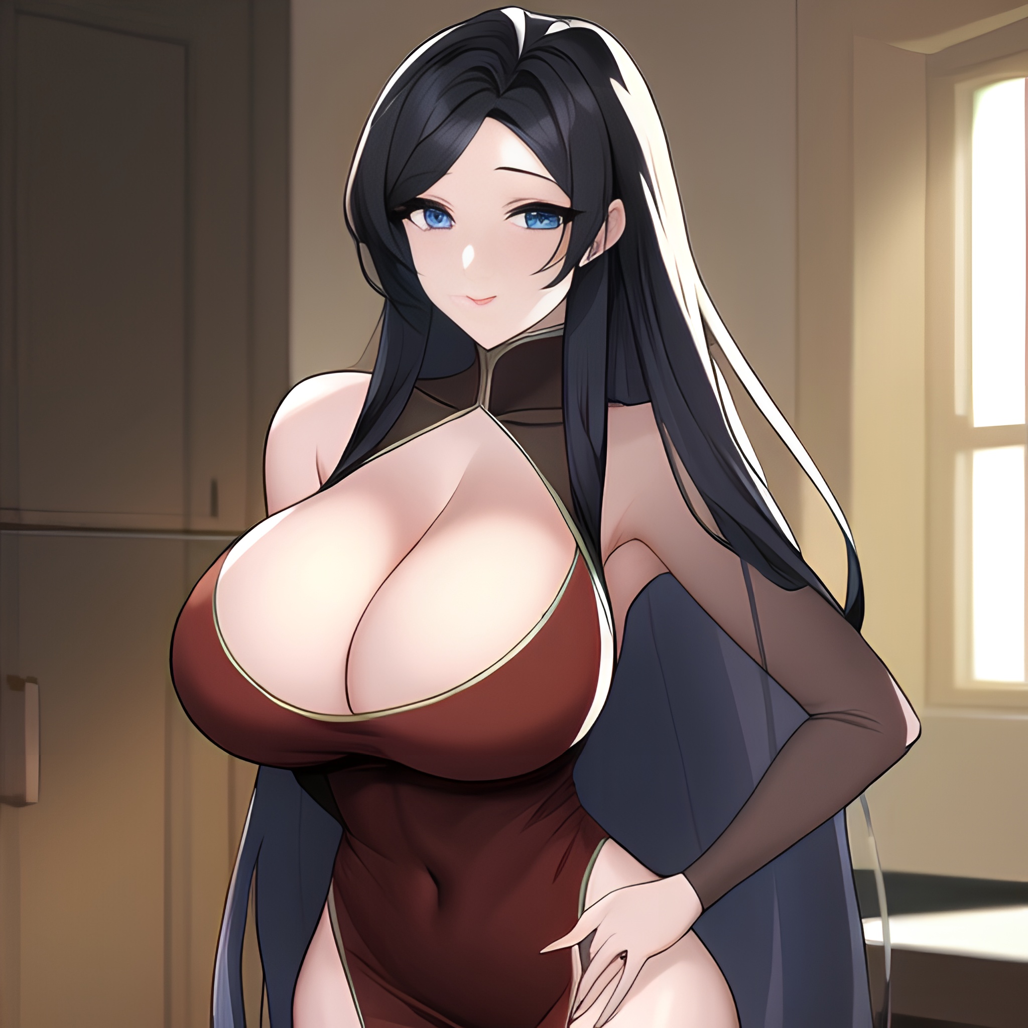 perfect boobs kitchen nude long hair woman front view 