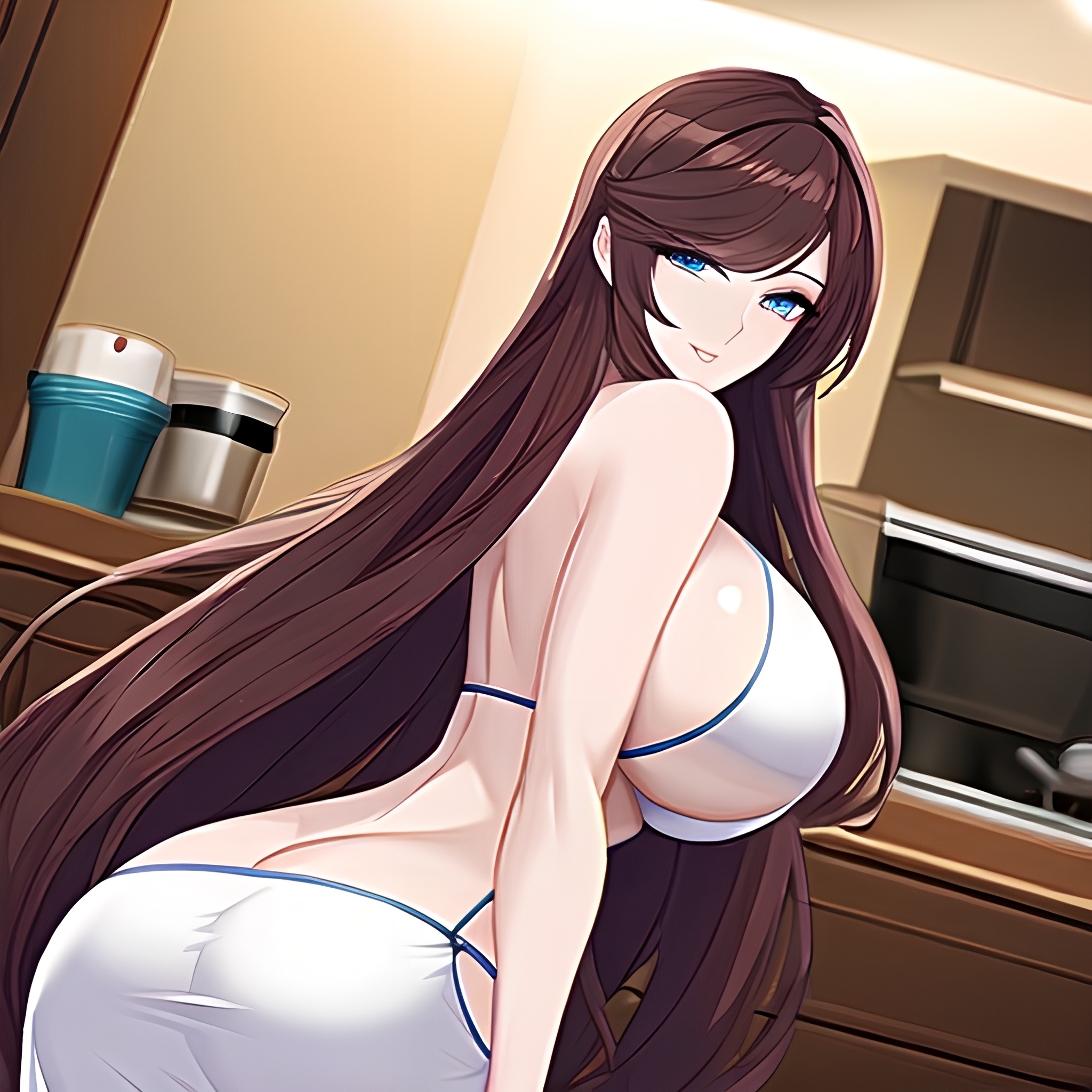 perfect boobs kitchen nude woman front view long hair 