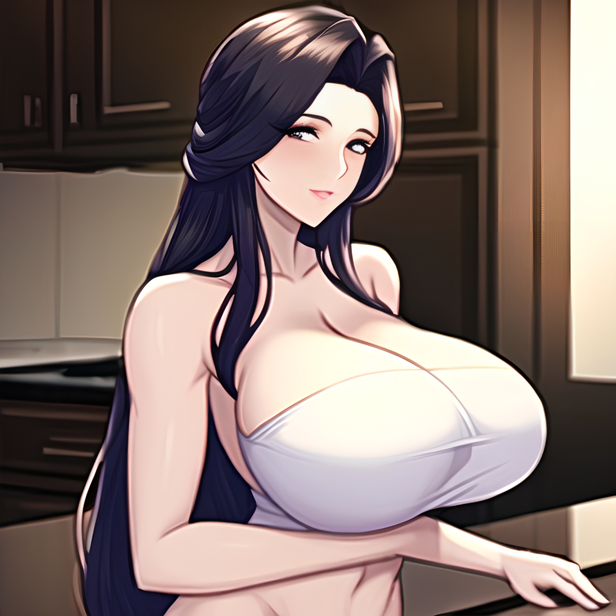 perfect boobs kitchen nude woman front view long hair 