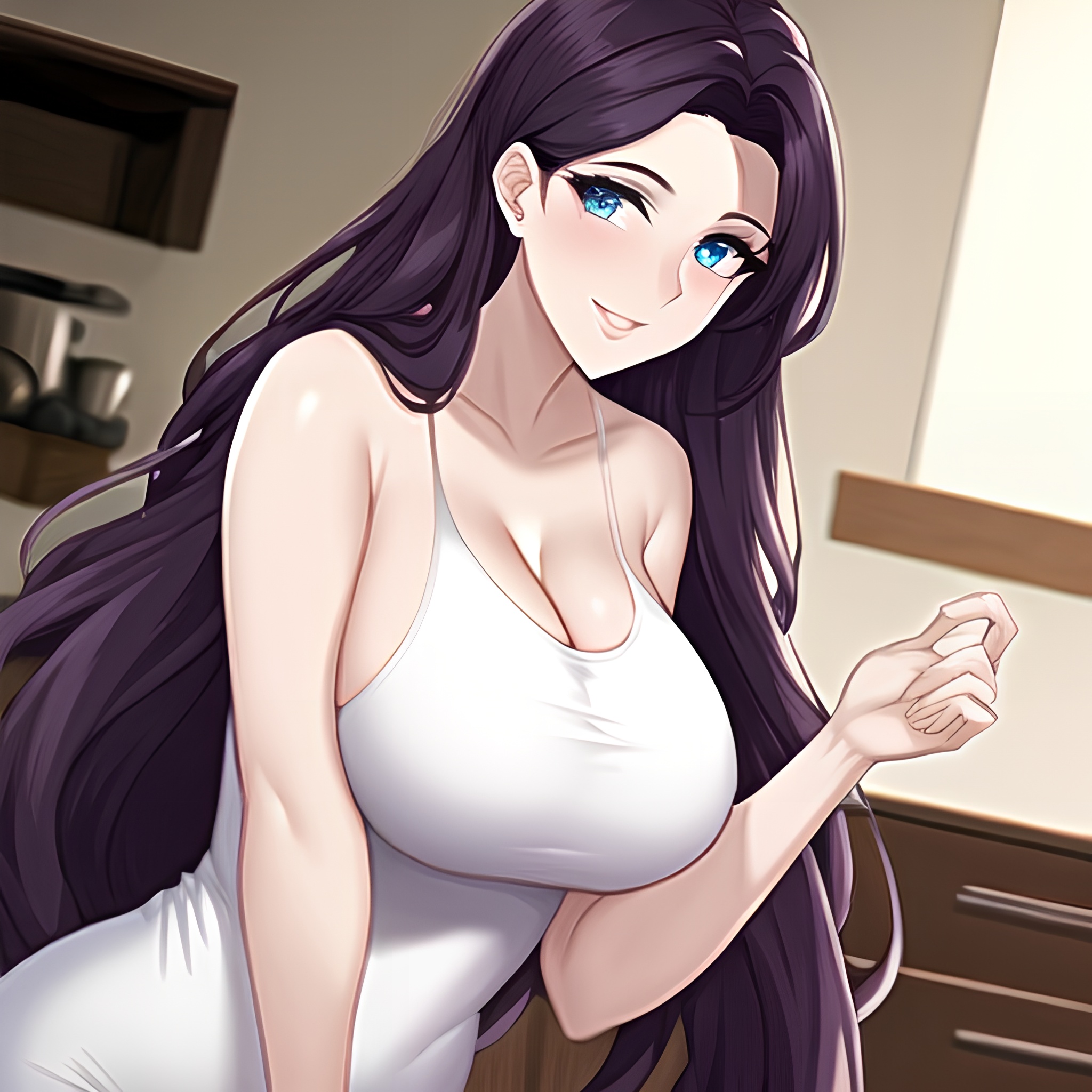 perfect boobs kitchen nude woman front view long hair 