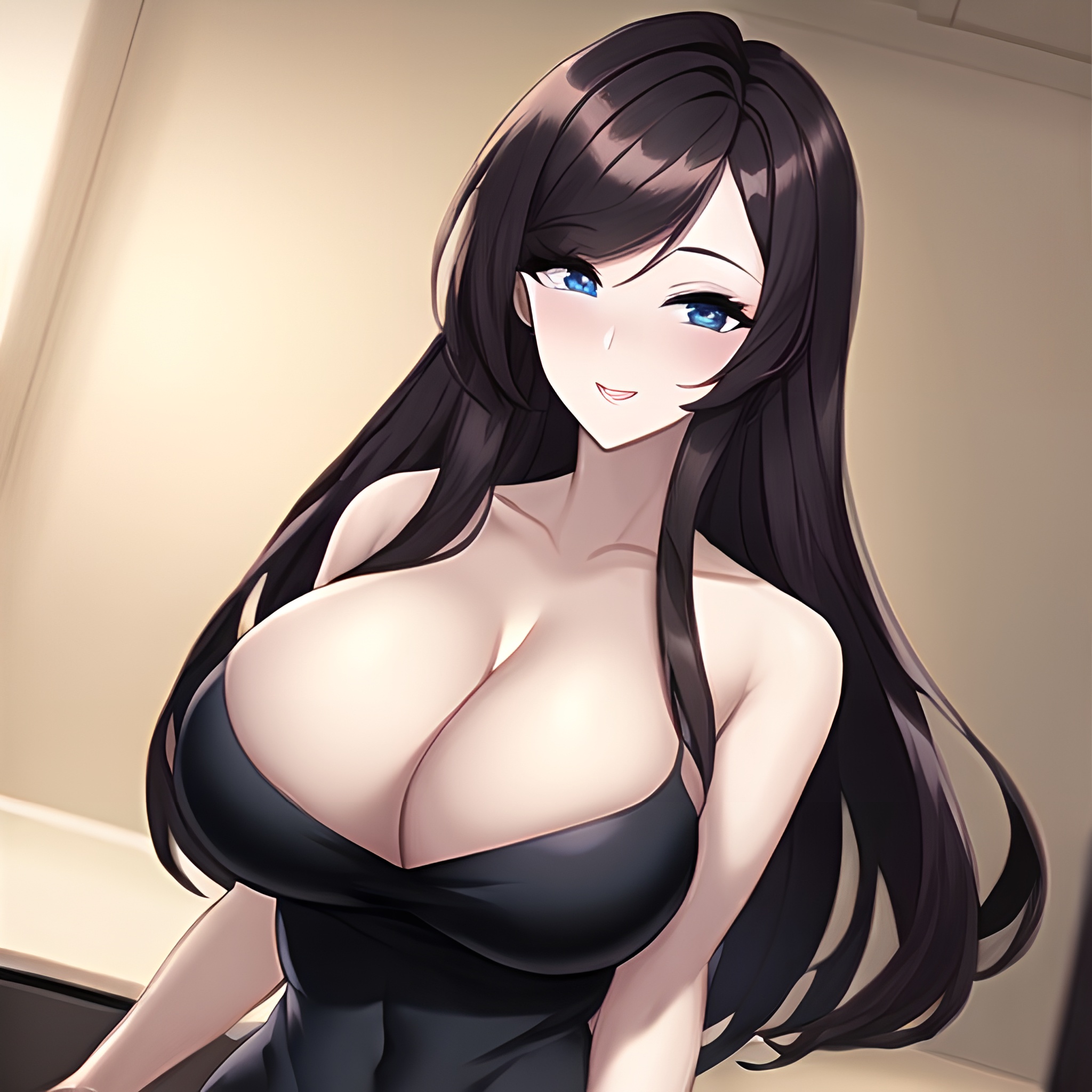 perfect boobs kitchen nude woman front view long hair 