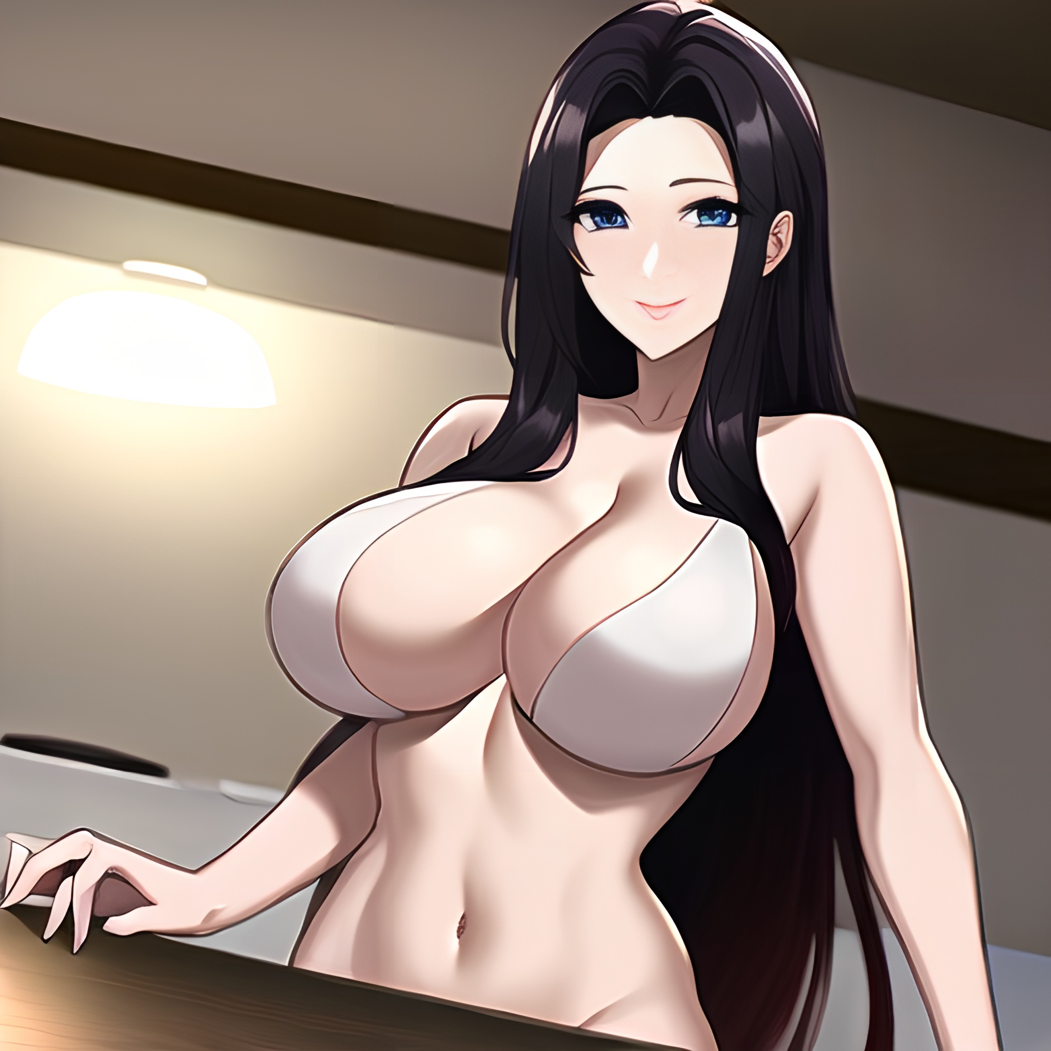 perfect boobs kitchen woman long hair nude front view 