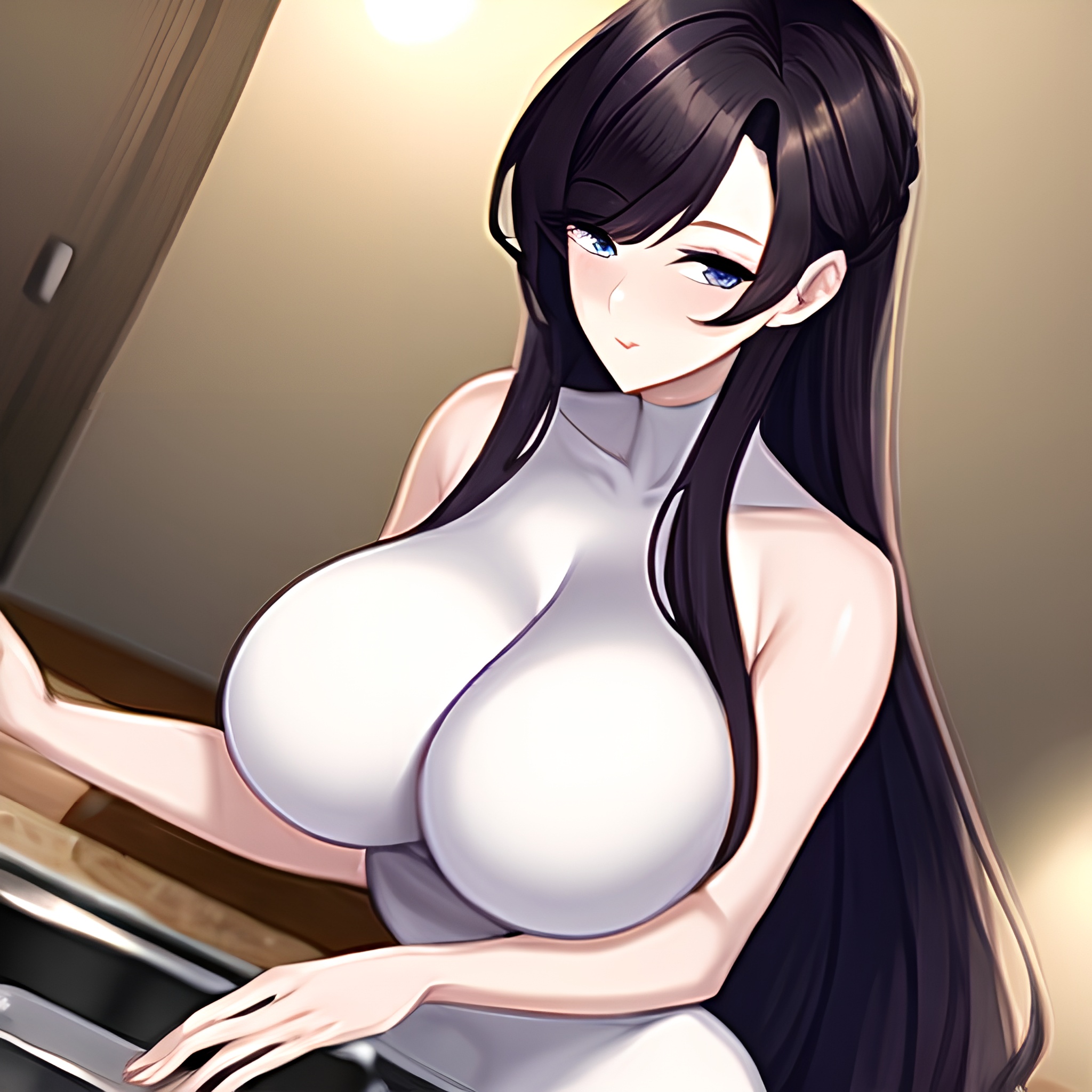 perfect boobs kitchen woman nude long hair front view 