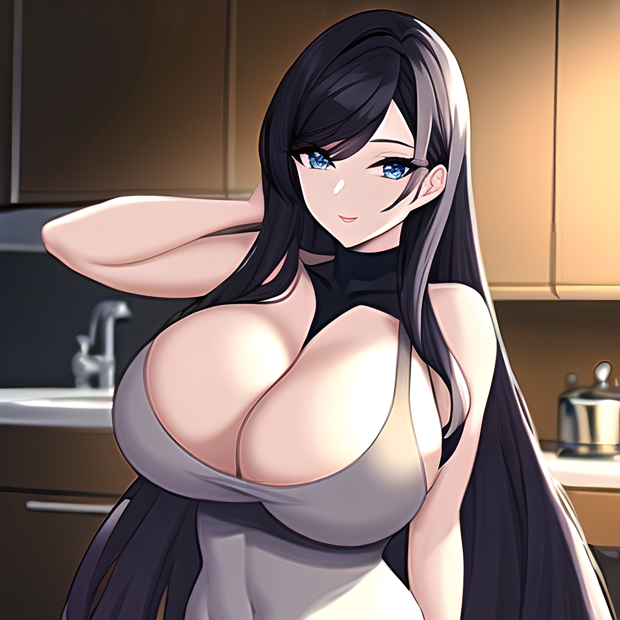 perfect boobs long hair front view nude woman kitchen 